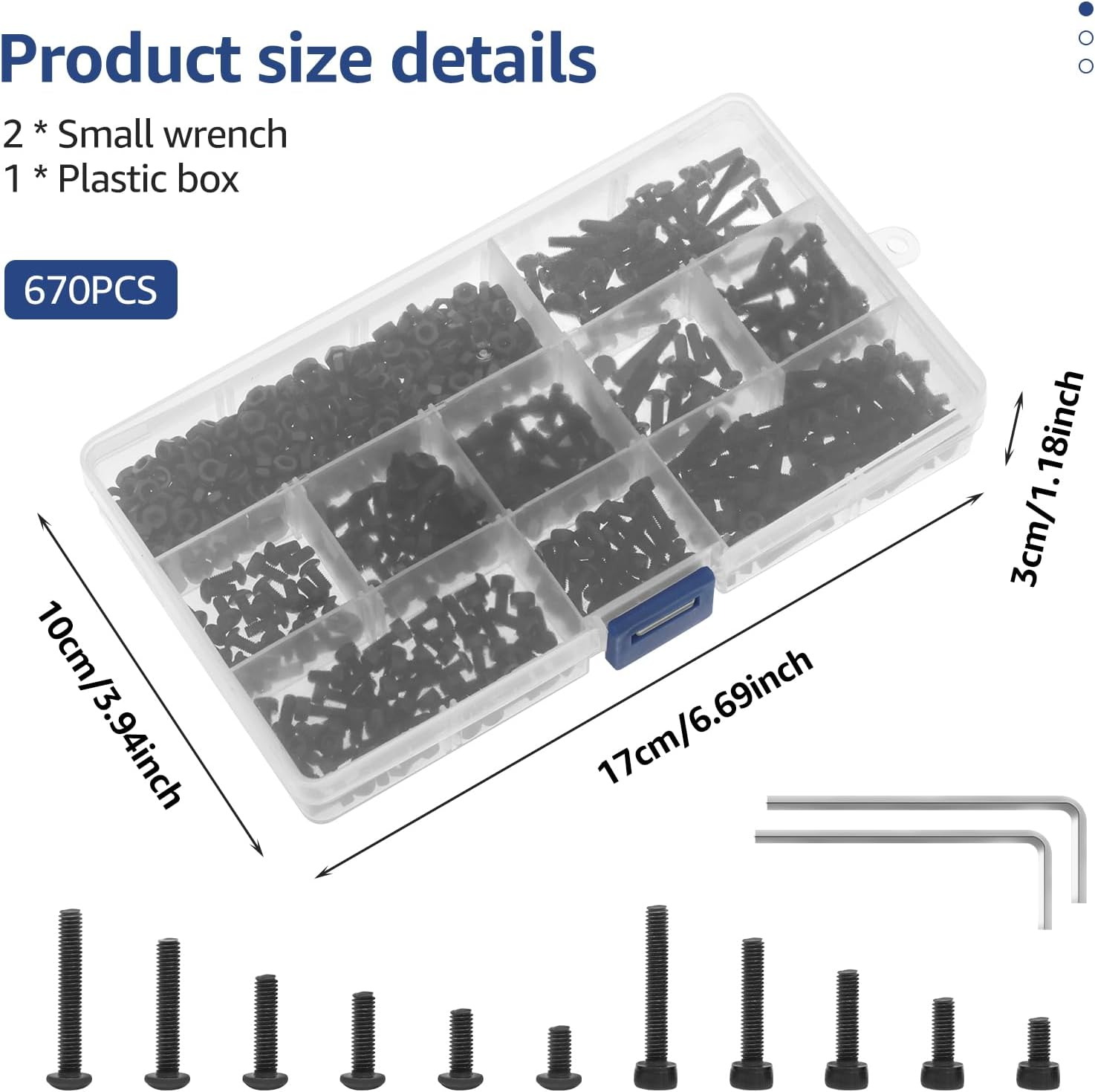 670Pcs M3 Screw Assortment Kit Black M3 Countersunk Flat Head Hex Socket Cap Screws Button Head Socket Cap Screw Bolts Nuts Assortment Kit with 2 Wrenches 1 Storage Box (1Pc) - 2Pcs image number 7