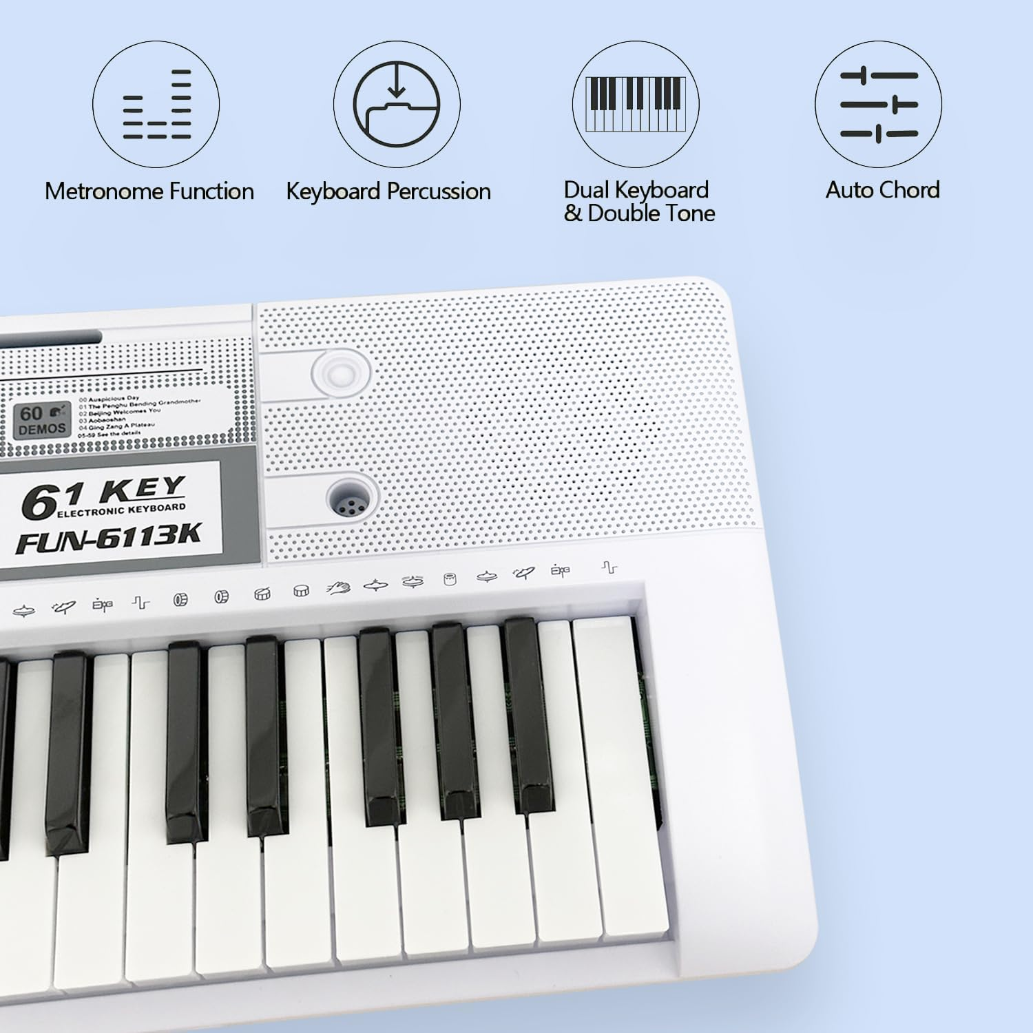 Funtaki 61 Key Electric Piano Keyboard with Lighted Keys, Digital Portable Synthesizer Keyboards with Stand, Mini Music Keyboard Pianos for Beginners Kids Adults, White image number 3