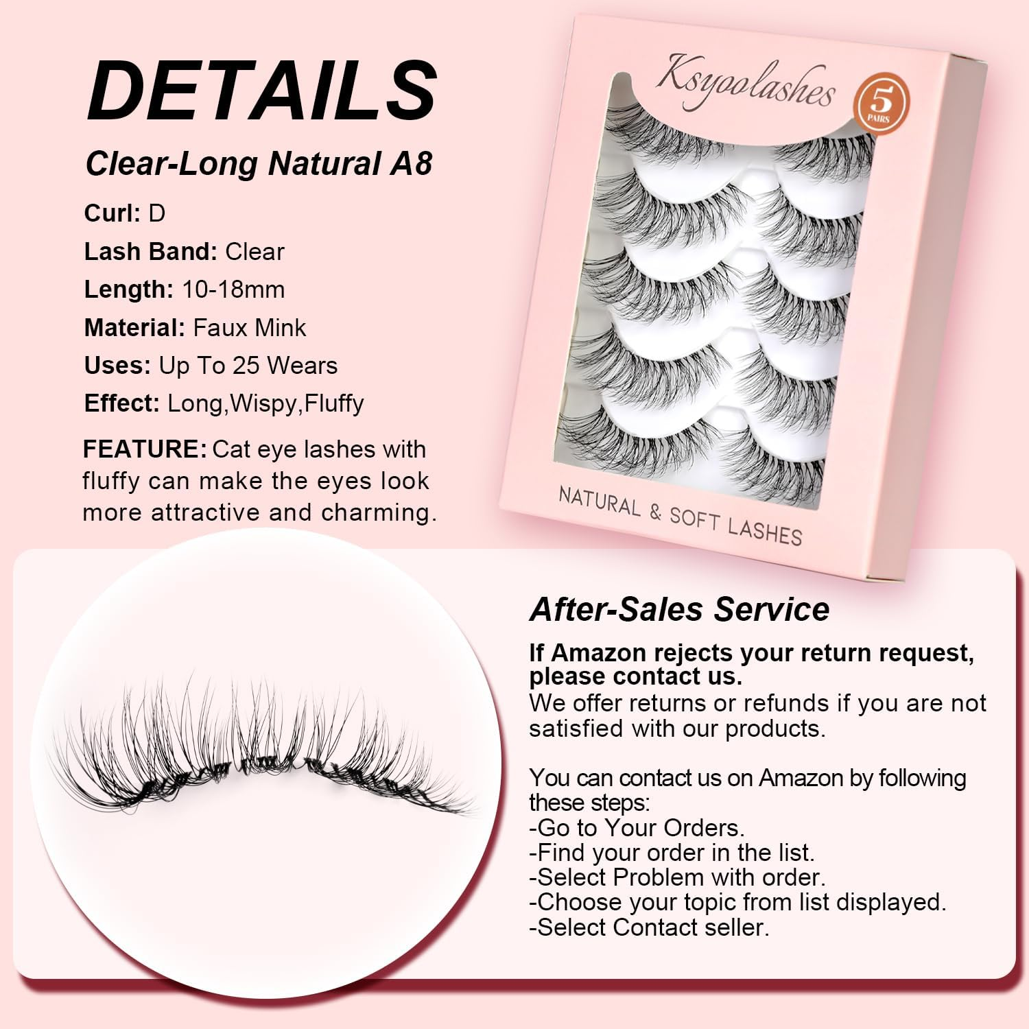 KSYOO Long Natural Lashes with Clear Band Lashes Wispy,10-18Mm Cat Eye Lashes D Curl Strip Lashes That Look like Extensions,3D Natural Fluffy Faux Mink False Eyelashes Natural Look image number 5