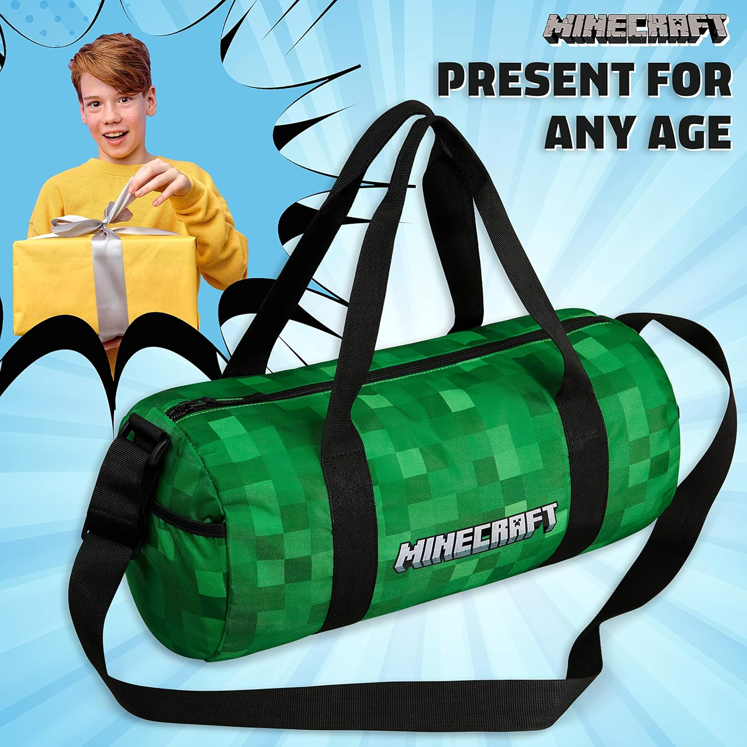 Minecraft Gym Bag for Kids Teens Travel Overnight Sports Duffle Bag Adjustable Strap Kit Bag Large Holdall Gamer Hand Luggage Bag, Green, 41X19X18Cm, Duffle Bag