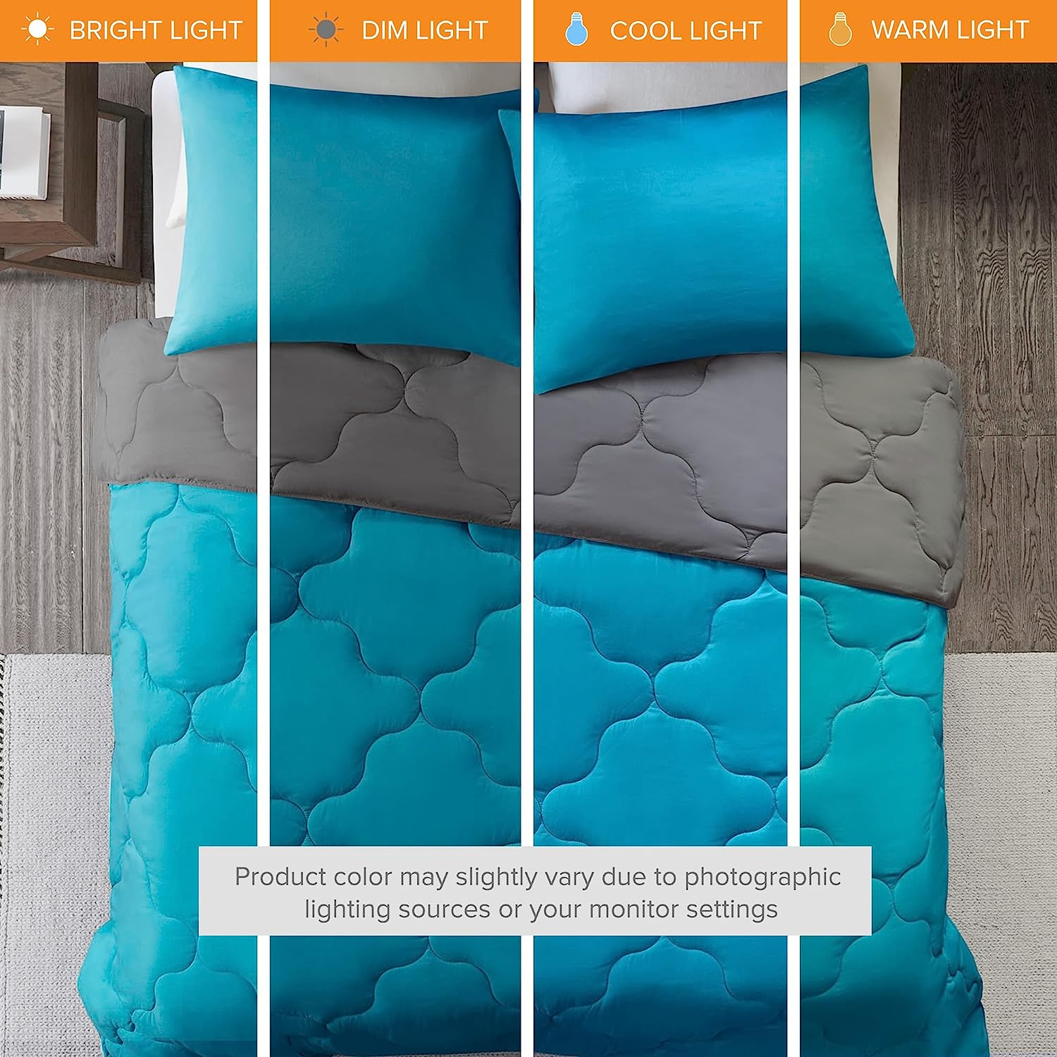 Comfort Spaces Vixie Reversible Comforter Set - Trendy Casual Geometric Quilted Cover, All Season down Alternative Cozy Bedding, Matching Sham, Teal/Charcoal, Full/Queen 3 Piece image number 1