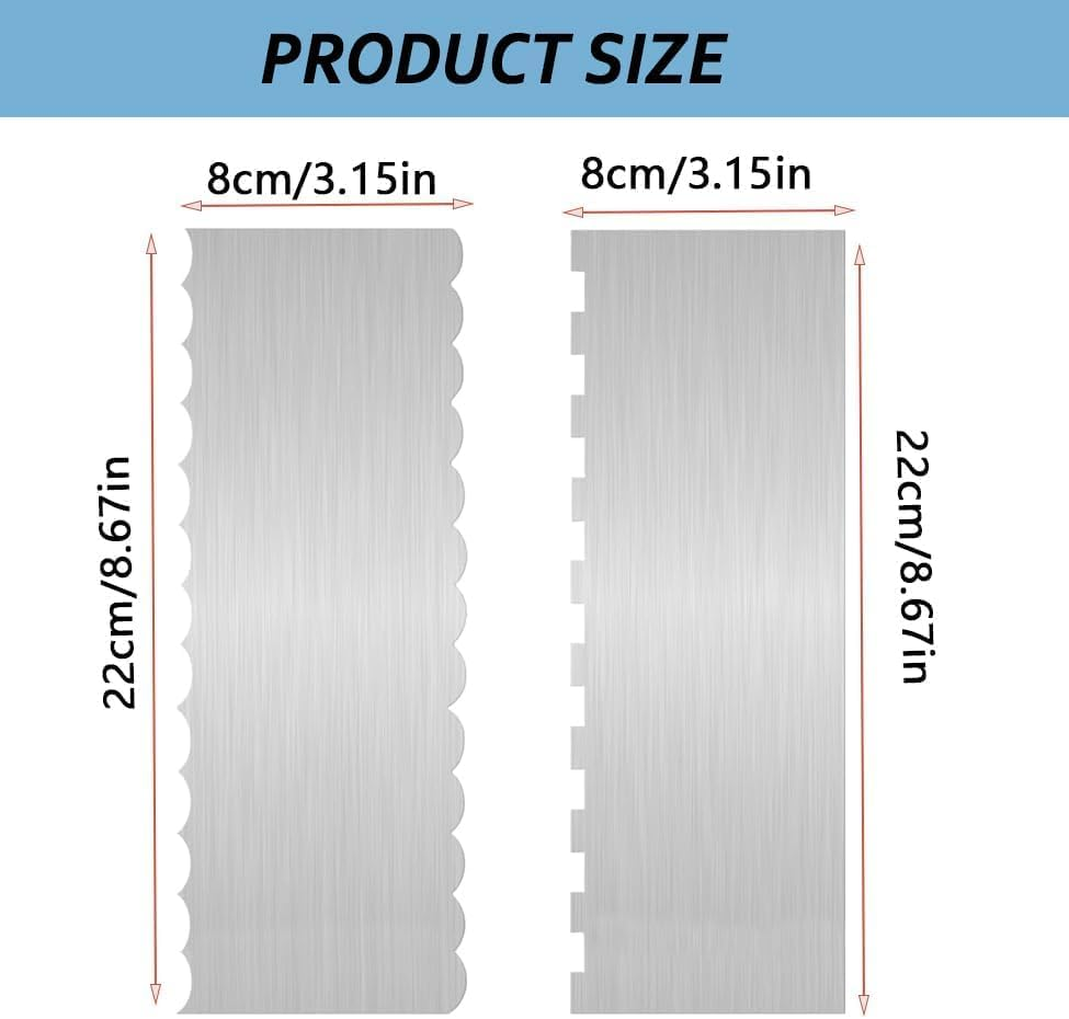 2 Pieces Stainless Steel Cake Scraper with Double-Sided Patterned Edge and Stripe Design ， Perfect Smoother and Decorating Comb for Mousse, Buttercream, and Cream Cake Decoration (Silver) image number 3