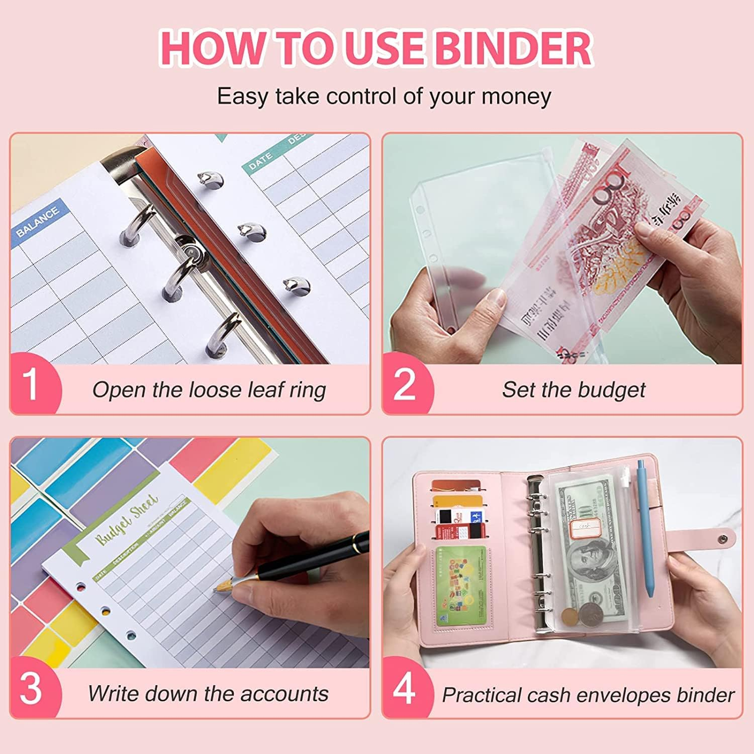 Budget Binder - A6 Size with Zipper Envelopes, 12Pcs Budget Planner and Cash Envelopes (Pink-White) image number 5