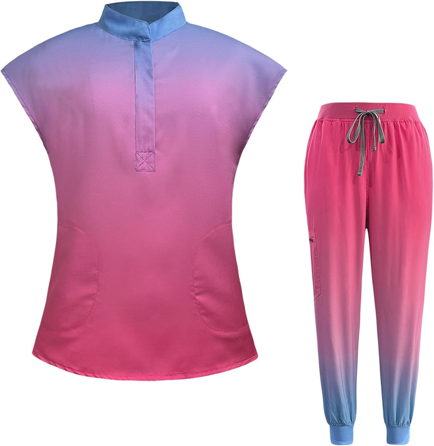 Meichoon Scrubs Set for Women Medical Uniform Set with Gradient Color Stand Collar Short Sleeve Top Elastic Jogger Pants Moisture-Wicking DK63
