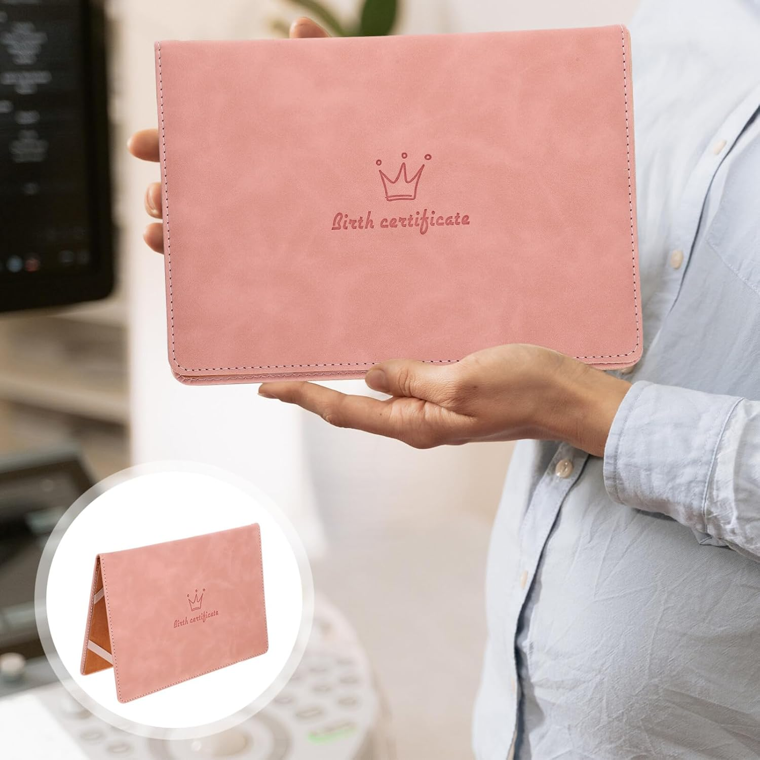 Pink Leather Birth Certificate Protector - Baby Birth Certificate Holder with Cartoon Patterns, 8.84X6.29In, Keepsake Storage for Important Documents image number 5