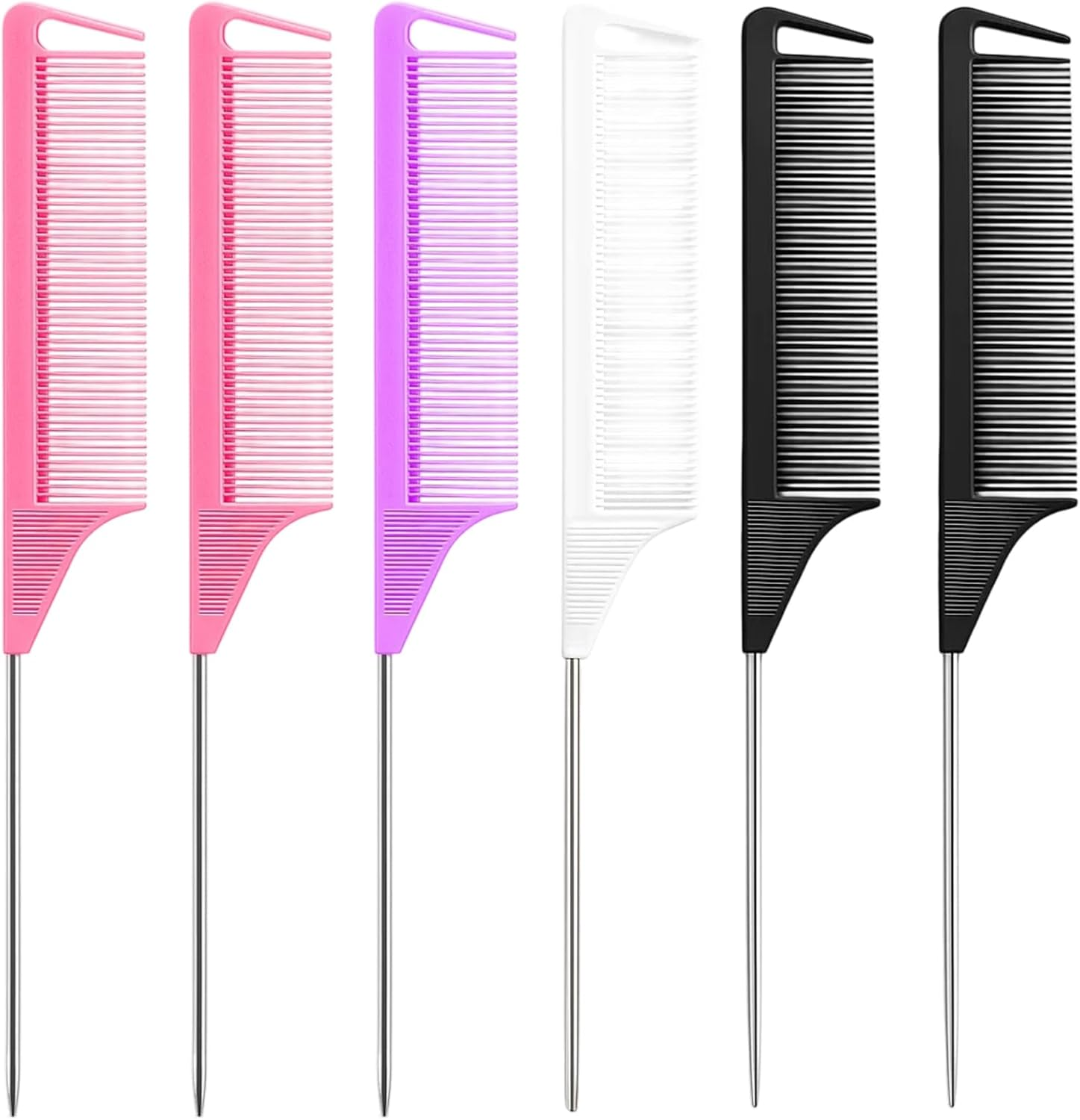 6 Pack Rat Tail Comb, Stainless Steel Pintail & Heat Resistant Carbon Fiber Teasing Comb for Women - Hair Parting, Styling, Backcombing(Black, White, Pink, Purple)