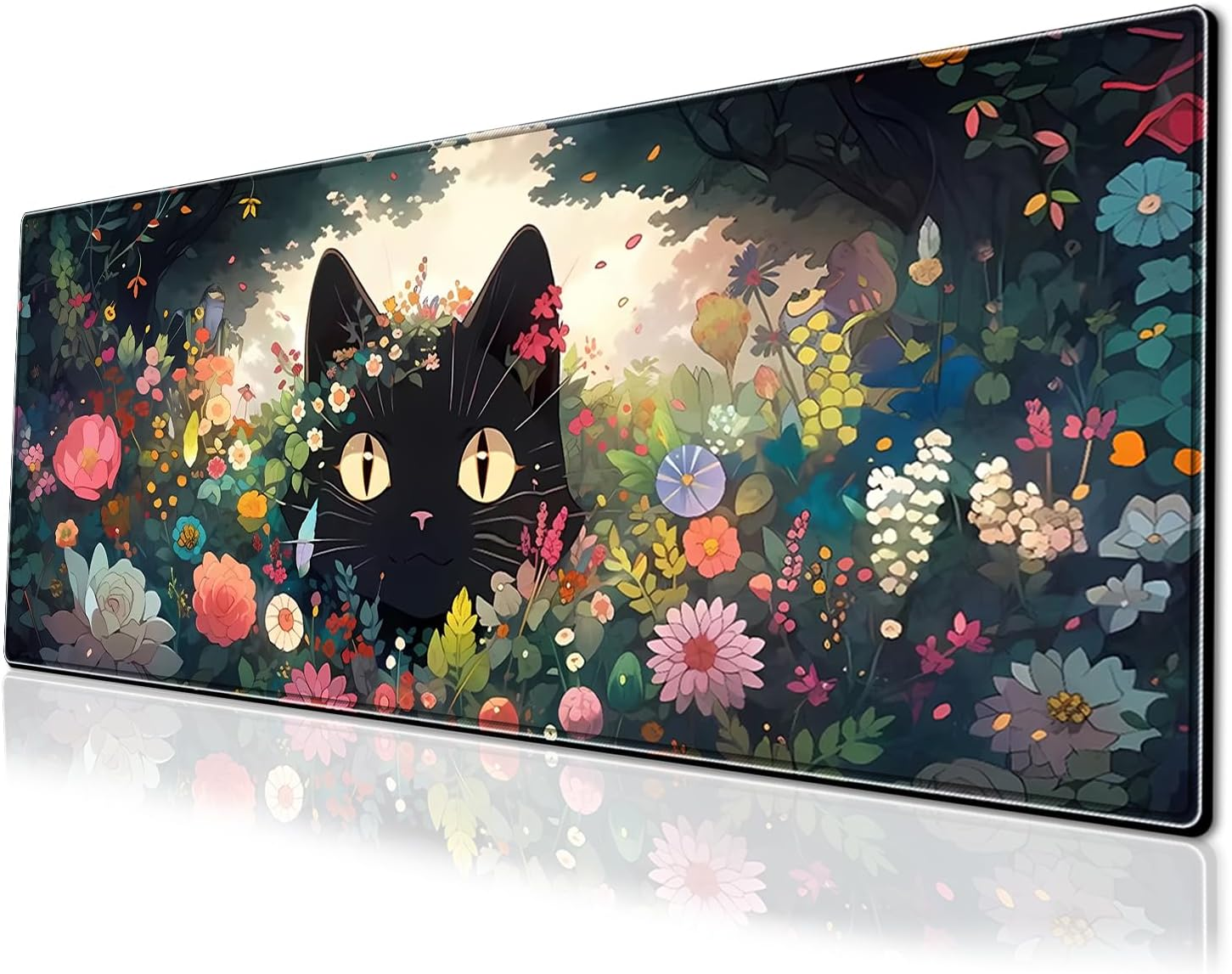 Anime Cute Cat Gaming Mouse Pad Colorful Large Desk Mat, 31.5X11.8 Inch Mousepad Extended Non-Slip Rubber Base Keyboard Mat with Stitched Edges for Desk Home Office
