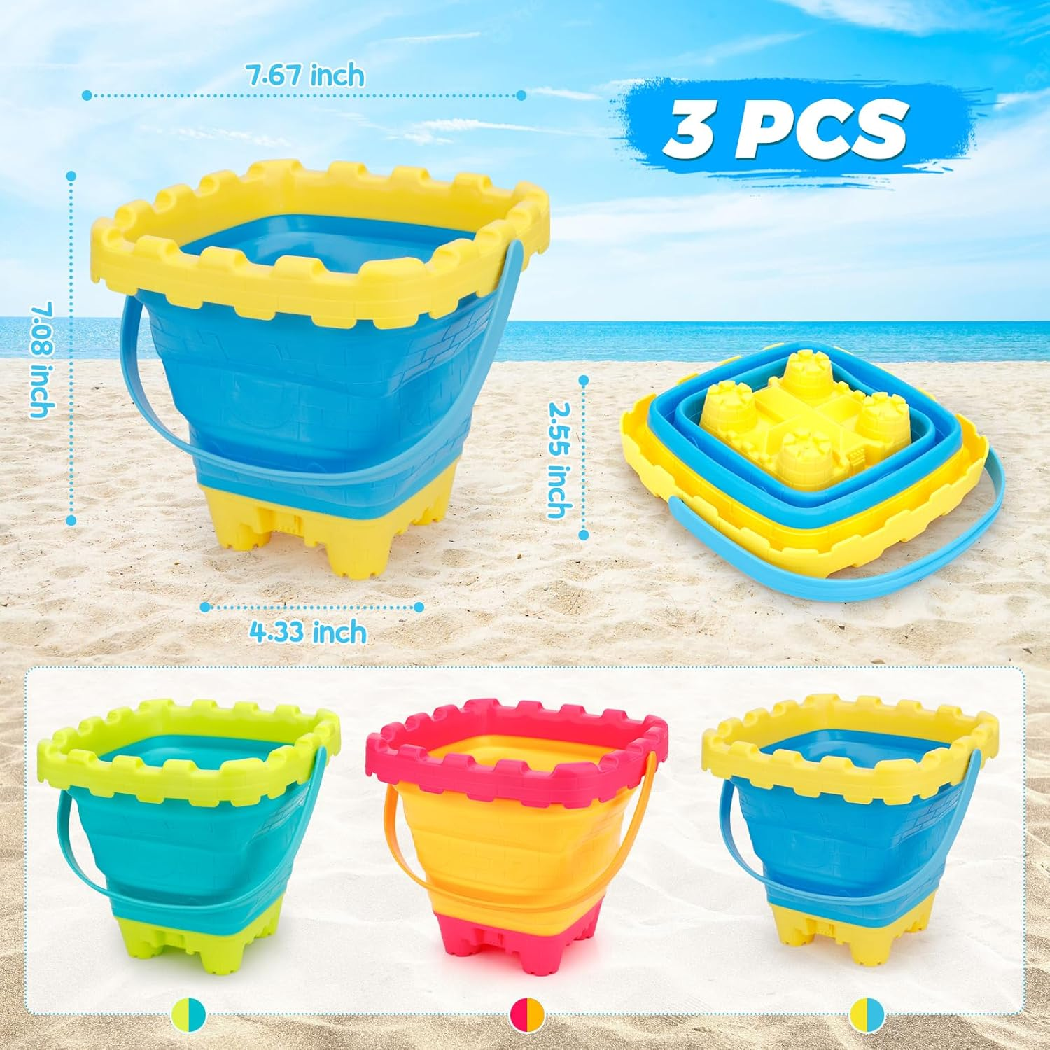 3L Collapsible Bucket, Foldable Pails 3 Packs for Easter Basket Gift, Easter Basket Bucket for Kids Adults, Multi-Use Household Beach Sandbox Pool Cleaning Camping Buckets Travel Toy