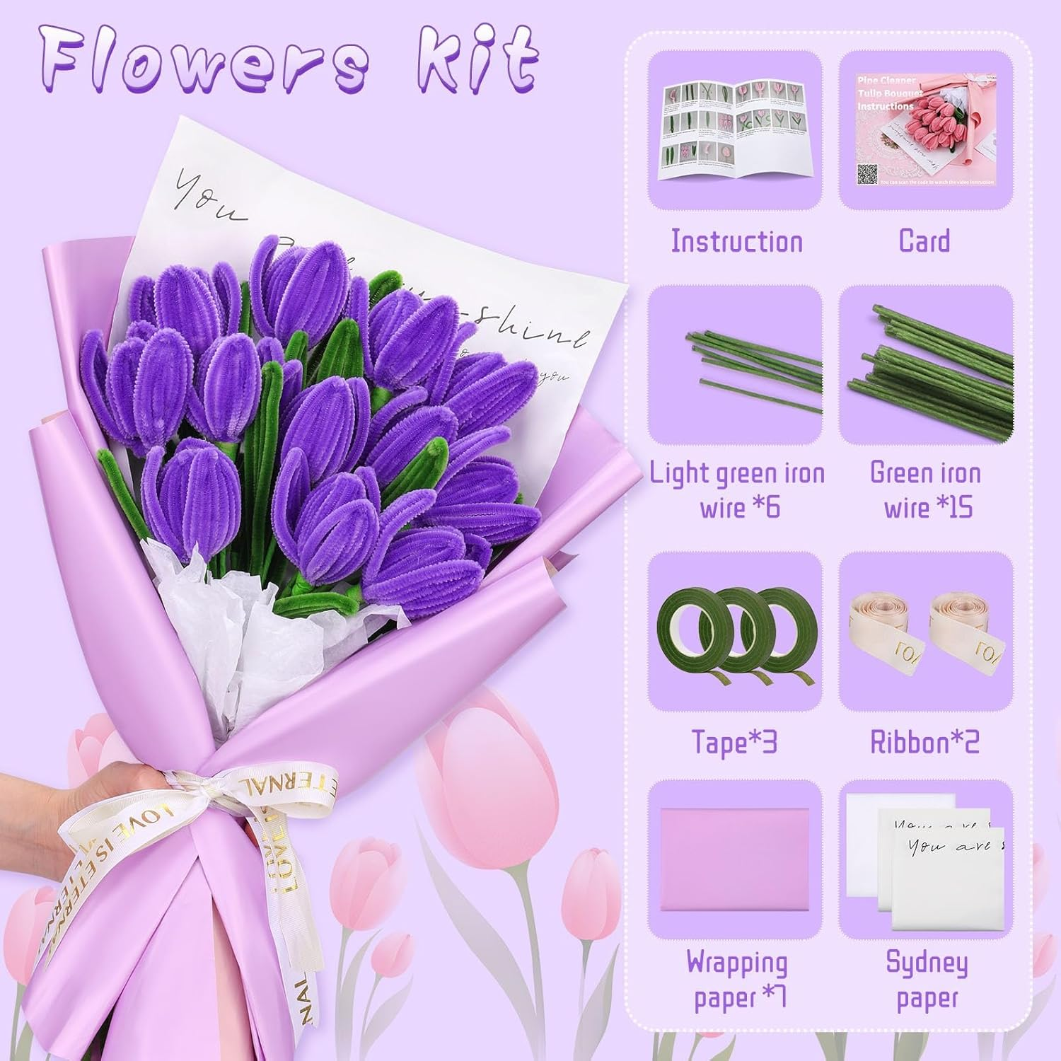 Pipe Cleaners Craft, Pipe Cleaner Flower Kit, Craft Pipe Cleaners, Chenille Pipe Cleaners with Wrapping Paper, Step-By-Step Video Tutorials for Birthday Home Decoration (Purple) image number 3