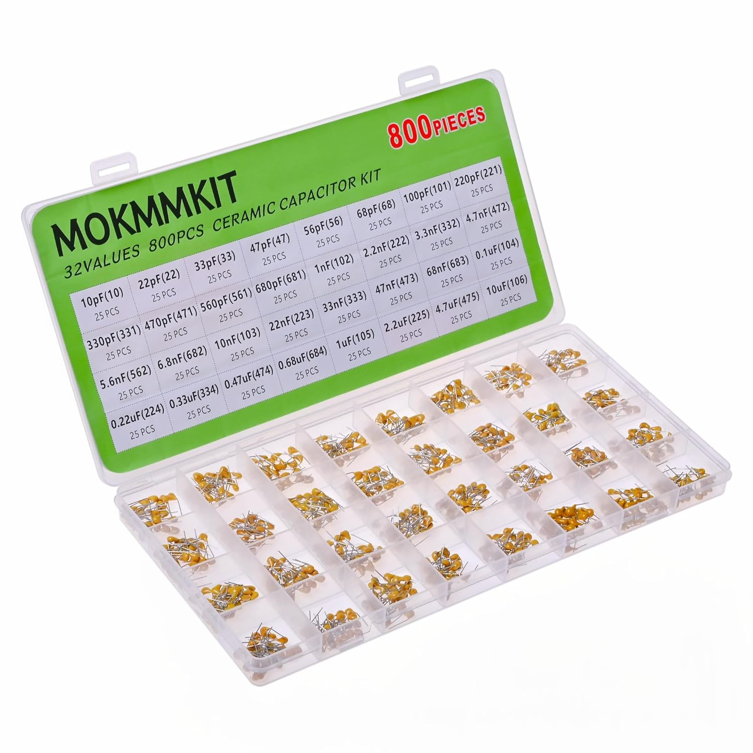 MOKMMKIT 32 Values 800 Pieces Ceramic Capacitor Assortment Kit Capacitors from 10Pf to 10Uf 50V Multilayer Monolithic Capacitor image number 5