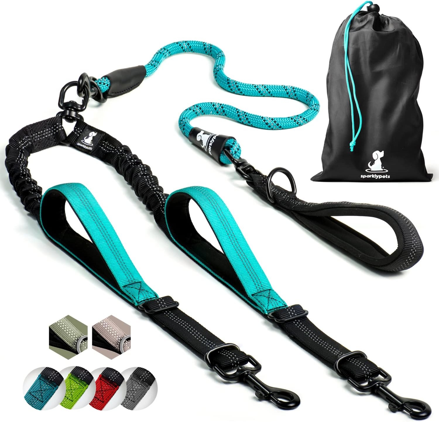 Sparklypets Double Dog Leash for 2 Dogs &ndash; Rope Bungee Dual Leash for Medium and Large Dogs with Padded Handles & Tangle Free (Teal, Medium/Large)