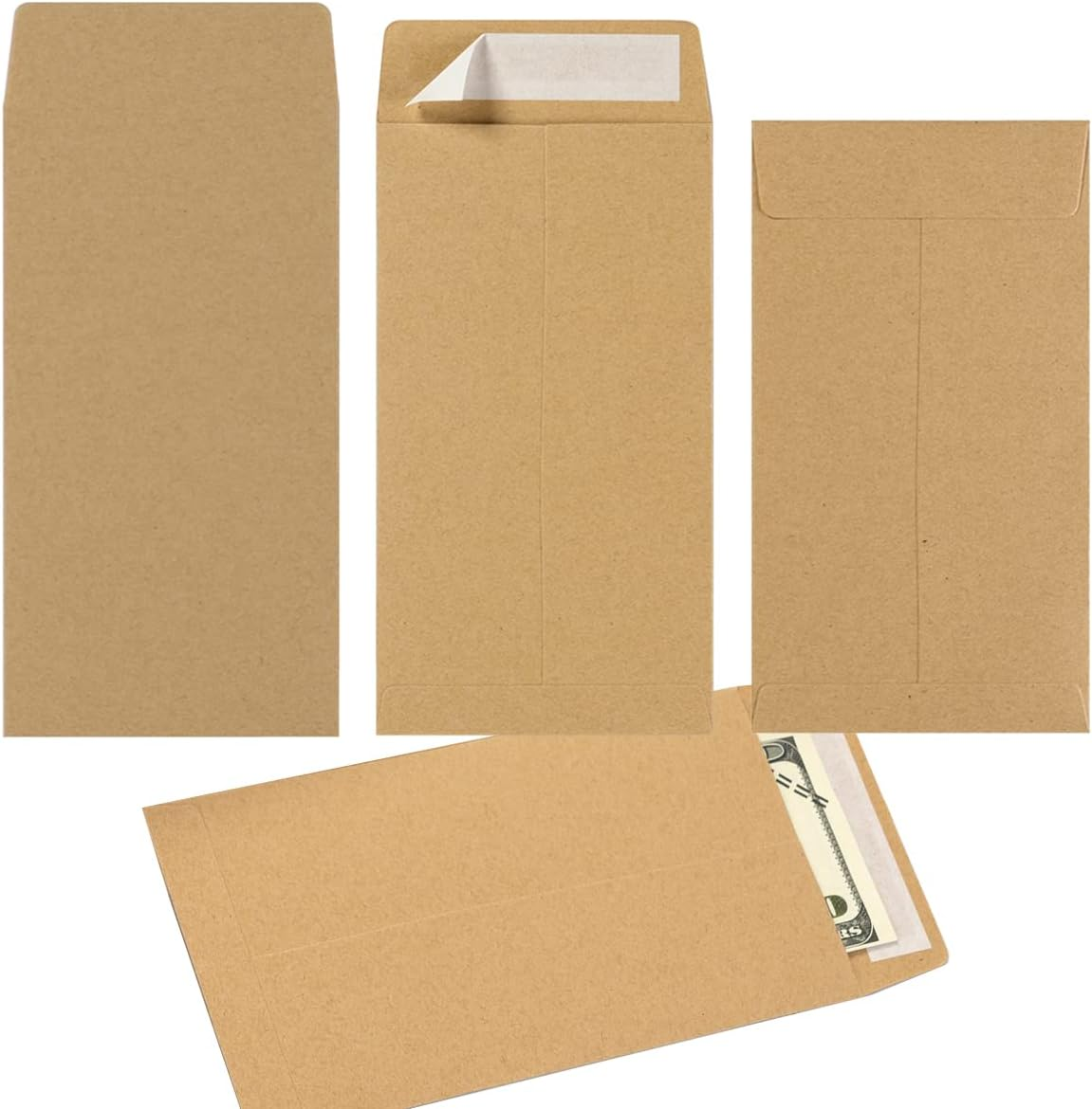 100 Pack Cash Envelopes #7 Coin Envelopes Self Seal for Money Saving, Cash, Budgeting, Check, Gifts Cards, 3 1/2 X 6 1/2 Inches (Kraft Brown)
