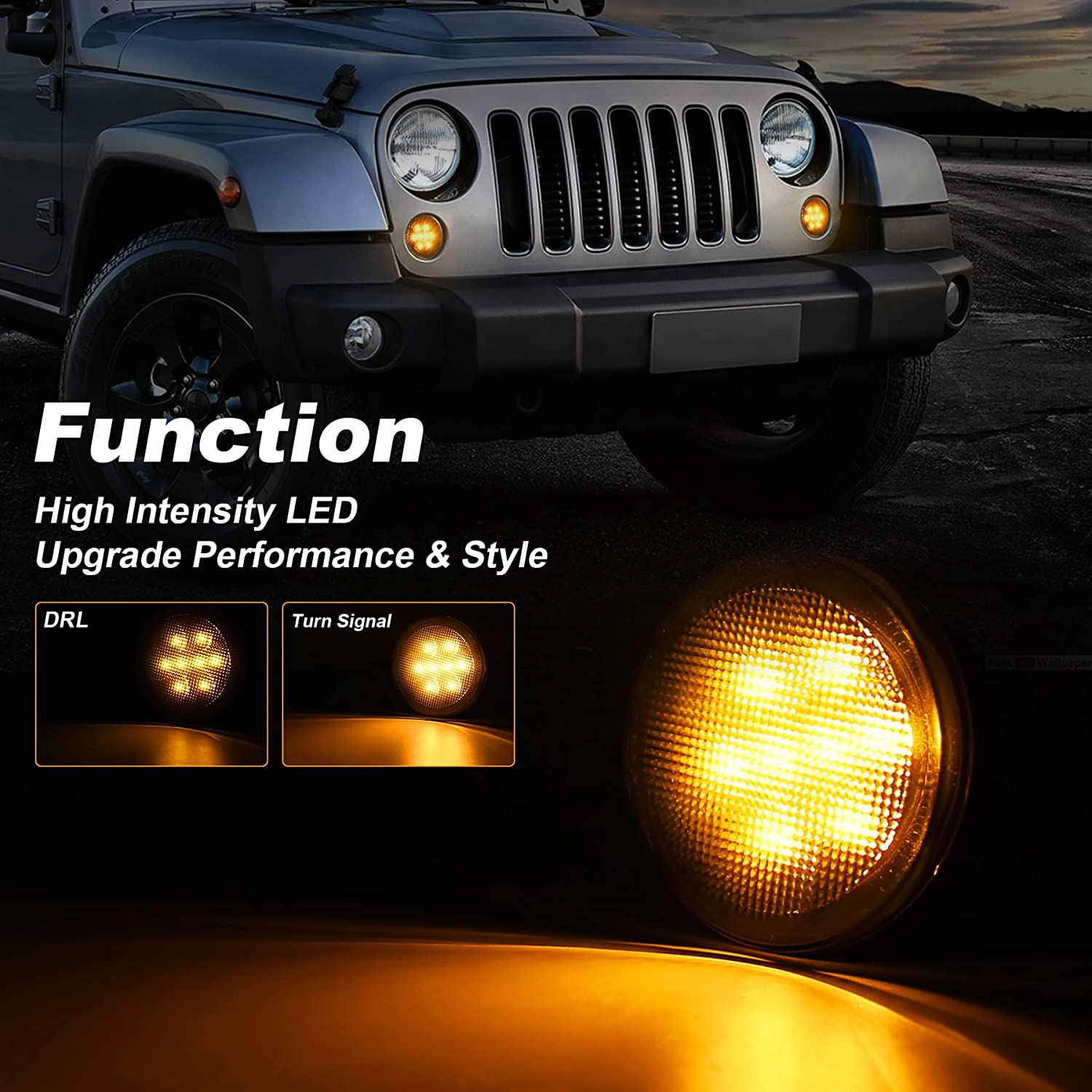PXPART JK Turn Signal Lights Smoke Lens Amber LED Front Grill Indicator Parking Lights for Jeep Wrangler JK JKU 2007-2017 image number 4