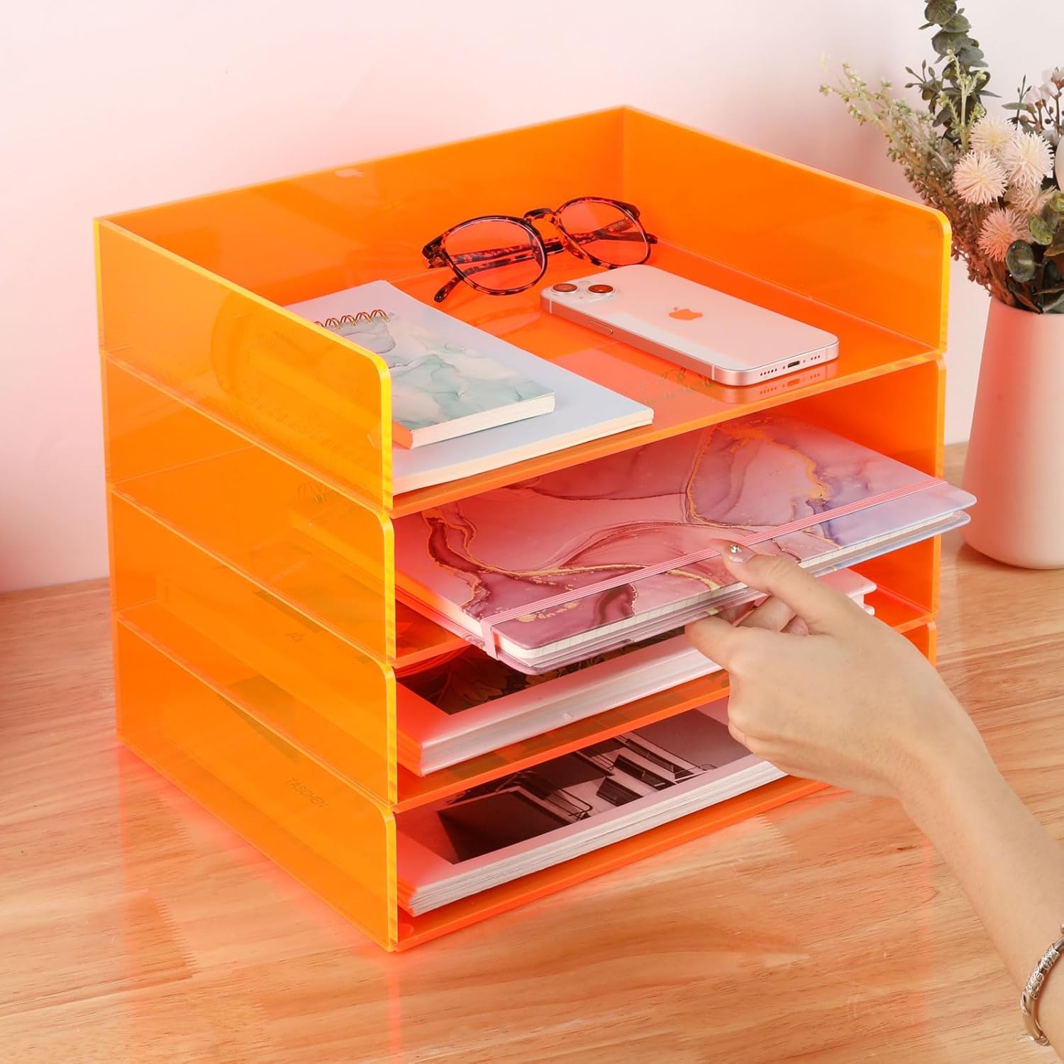 Gelite Acrylic File Organizer for Desk 4 Tiered Stackable Letter Tray Office Paper Storage Desktop Document Sorter, Neon Orange - Neon Green image number 7