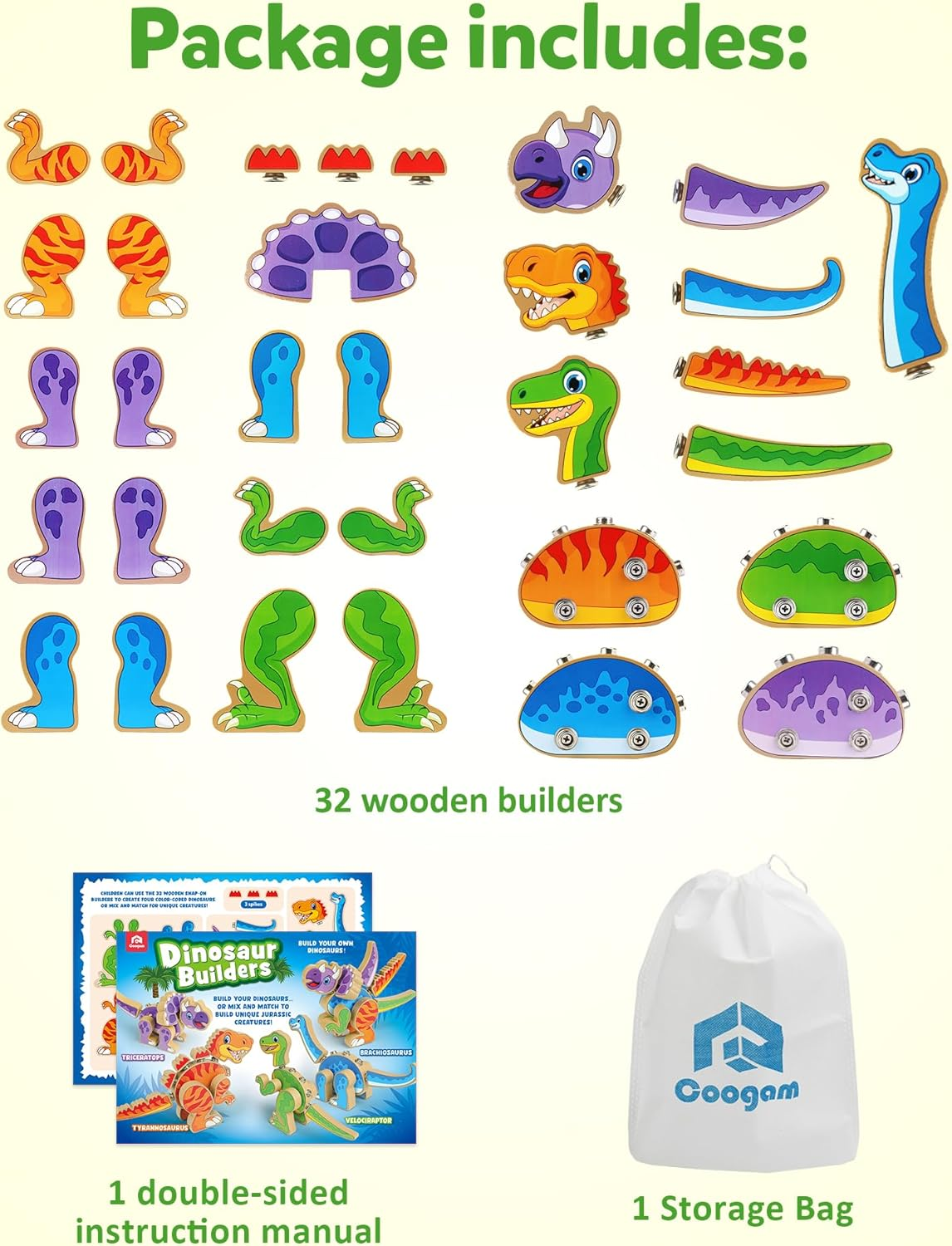 Coogam Build Your Own Dinosaurs Toy, Snap Together Building Dinosaurs Playset, Wooden STEM Take Apart Dinosaur Builder, Fine Motor Building Toy for 3 4 5 Years Old Kids image number 1