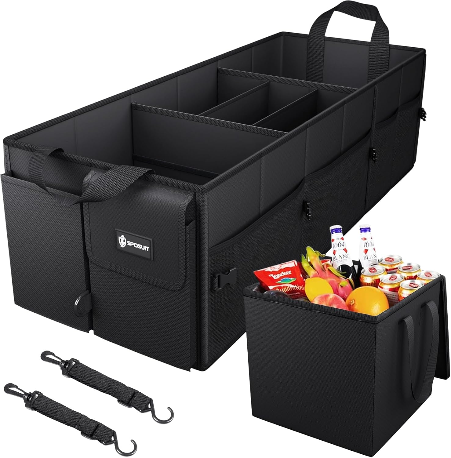 Sposuit Trunk Organizer for Car - Collapsible Trunk Storage with 11 Pockets & Reinforced Handles, SUV Trunk Organizers for Grocery Cargo(Black)