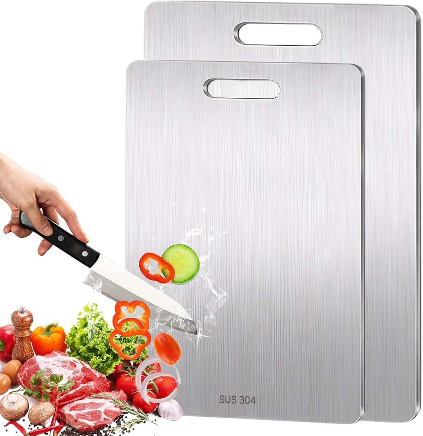 2 Pack Cutting Boards for Kitchen, Stainless Steel Cutting Board, Upgrade Double Sided Board, 304 Stainless Steel Food Grade Cutting Board for Meat Fruit & Vegetable(34&times;23, 39&times;28Cm) image number 3