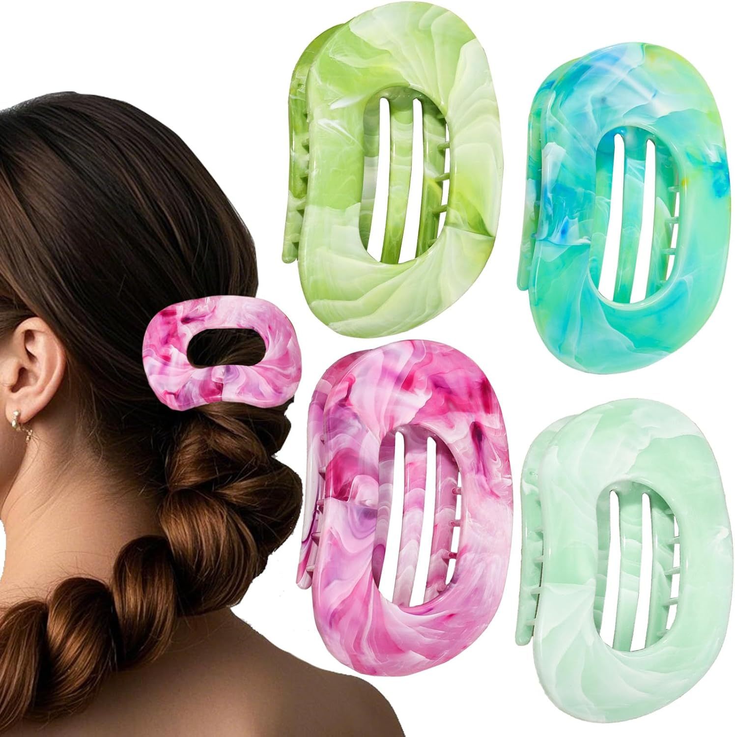 Flomiara 4PCS Flat Claw Clip, Hair Clips for Thick Thin & Fine Hair Women Girls, Marble Print Non-Slip Strong Hold Home Skin Care Makeup Claws Accessories, White, Brown, Purple Set