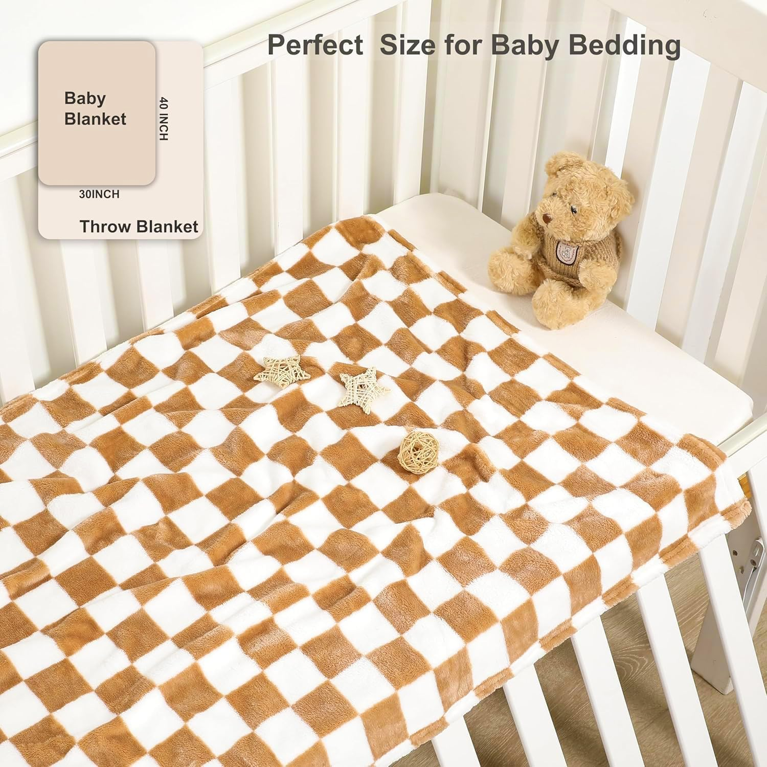 Checkered Baby Blanket Fleece Baby Blankets Neutral for Boys Girls, Super Soft Warm Lightweight Infant Toddler Newborn Receiving Blankets for Crib Stroller, Khaki 30''X40'' - Khaki image number 6