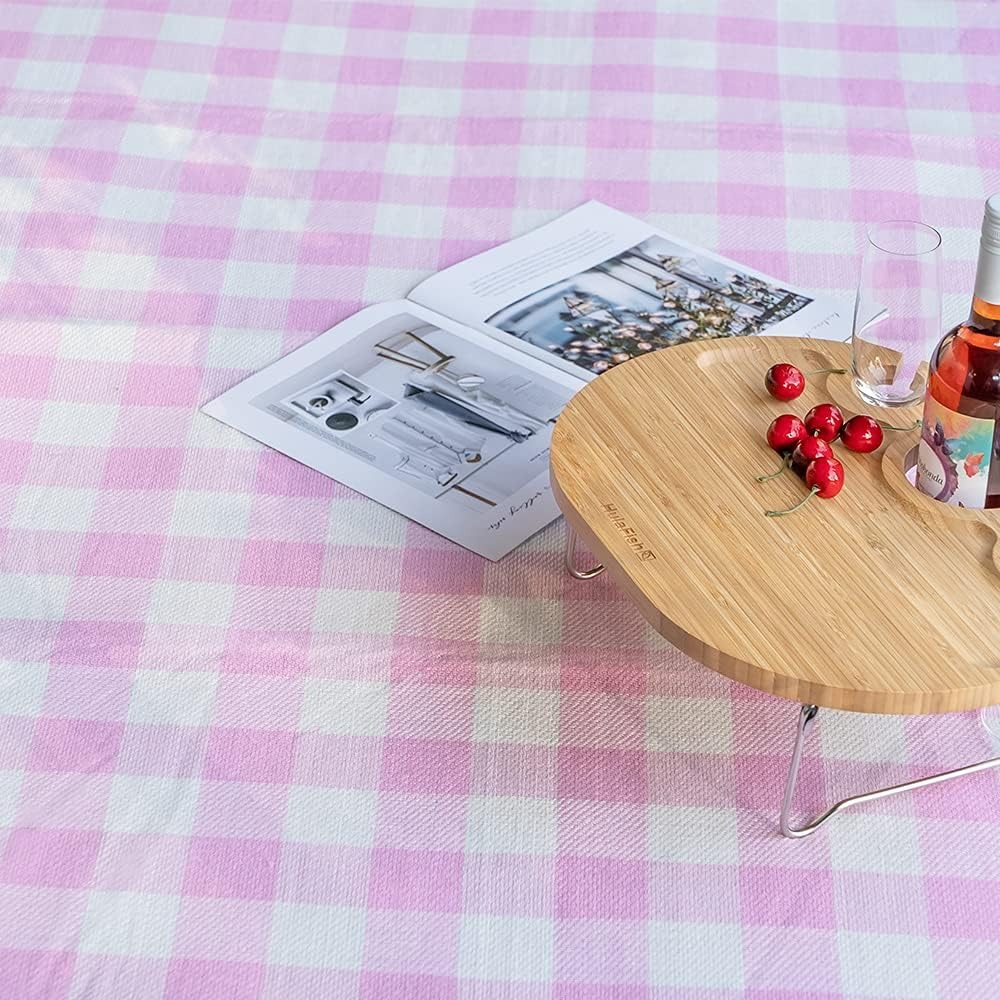 Foldable 59''X79'' Extra Large Waterproof Picnic Blanket - Thick Outdoor Mat Perfect for Park and Beach, Water Resistant for Happy Outings. Machine Washable Picnic Tote... (Pink Gingham) image number 5