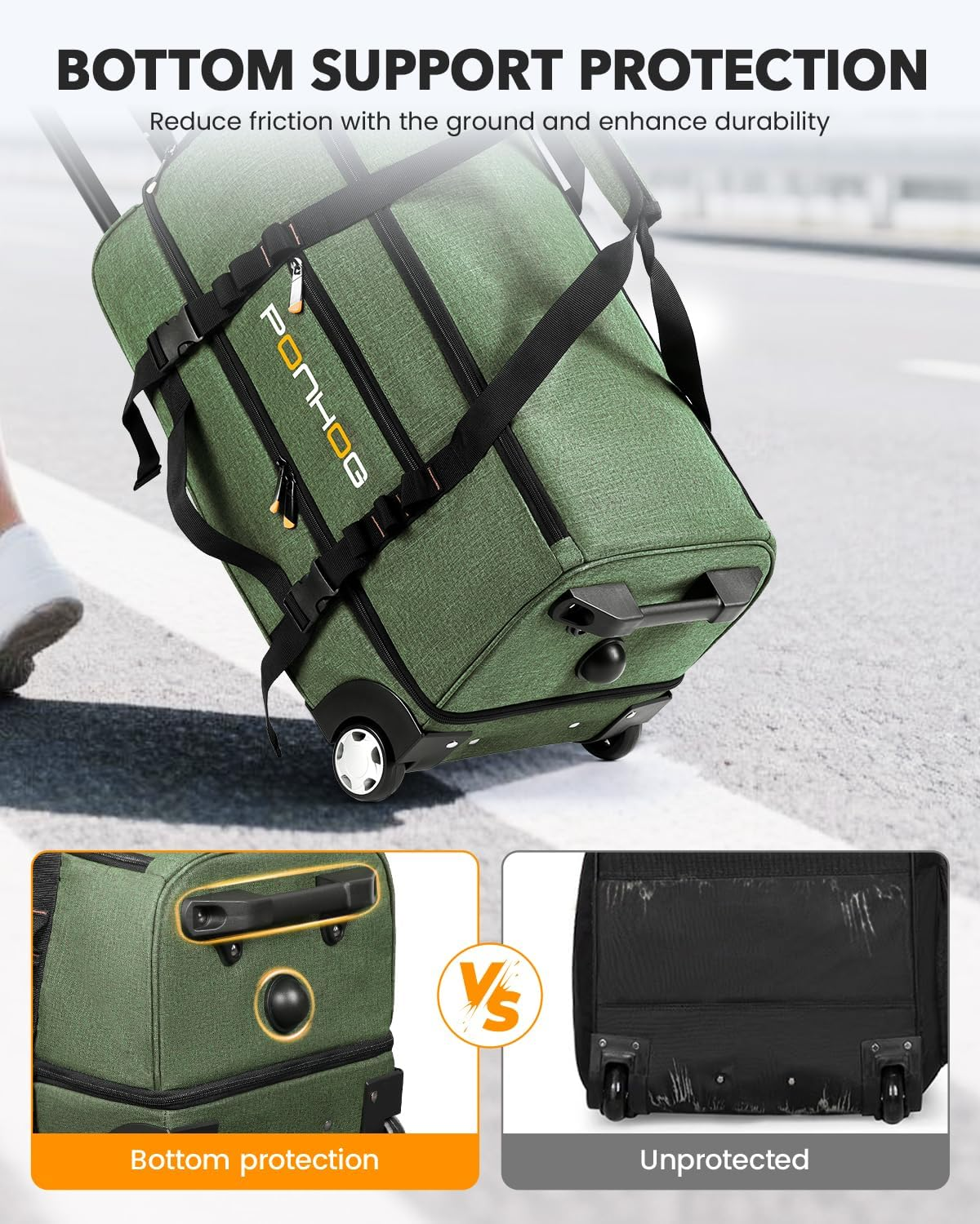 Rolling Duffle Bag with Wheels, Large Travel Duffel Bag with Shoe Compartment, Water Resistant Rolling Wheeled Luggage for Men Women Weekender Overnight Trip, Green, 21 Inch image number 7