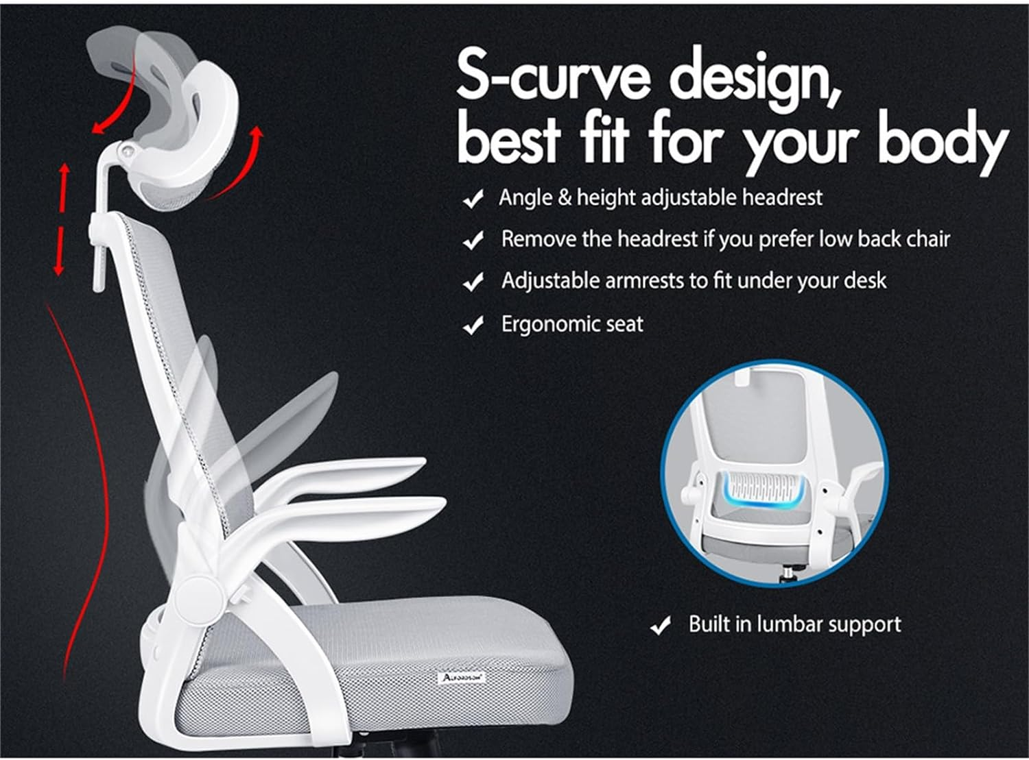 ALFORDSON Mesh Ergonomic Office Chair with Adjustable Headrest & Flip-Up Armrest, Tilting Executive Computer Desk Chair with SGS Listed Gas-Lift, Swivel Gaming Chair(Arco White Grey) image number 2