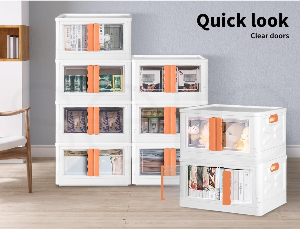 Stacked Storage Boxes Stackable Foldable Clothes Container Bins Toy Organiser Box with Lids Handles Plastic Book Camping with Wheel Front and Top Open 45L Pink