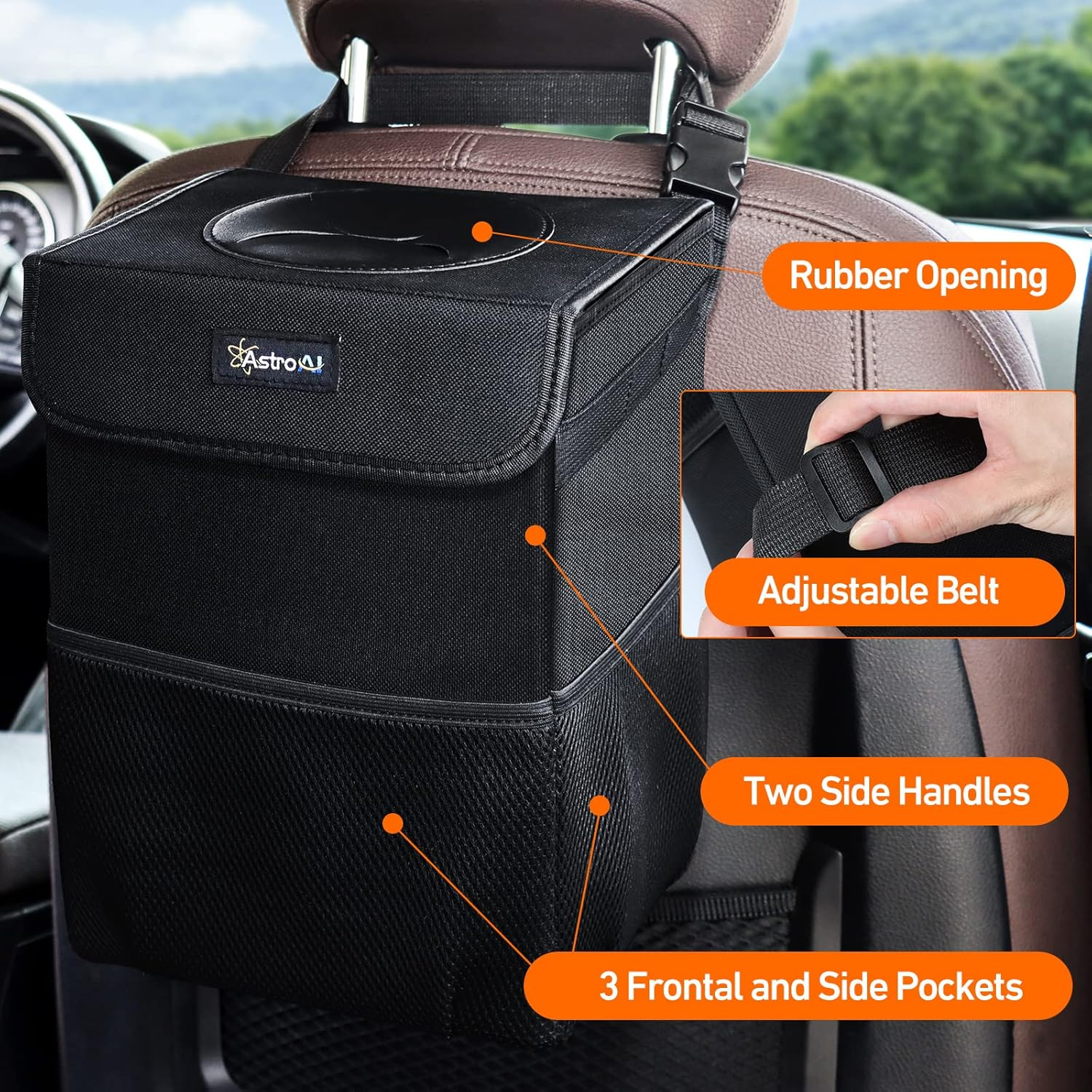 Astroai Car Trash Can with Lid and Storage Pockets, Leak-Proof Waterproof Car Garbage Can Large Opening, Multipurpose Folding Trash Bin for Car image number 5