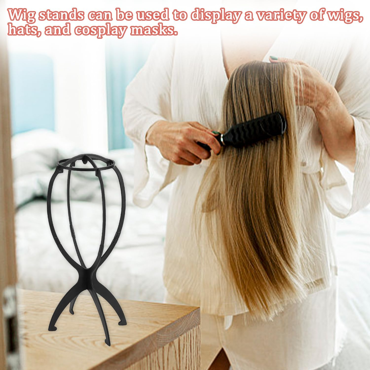 SYEYCW 2 Pcs Black Folding Wig Stands, 35Cm / 13.78Inch Wigs Display Holder for Hair, Collapsible Dryer Wig Holder Stand, Short Hair Extensions Stands, Plastic Portable Wigs Head Holders for Travel image number 5