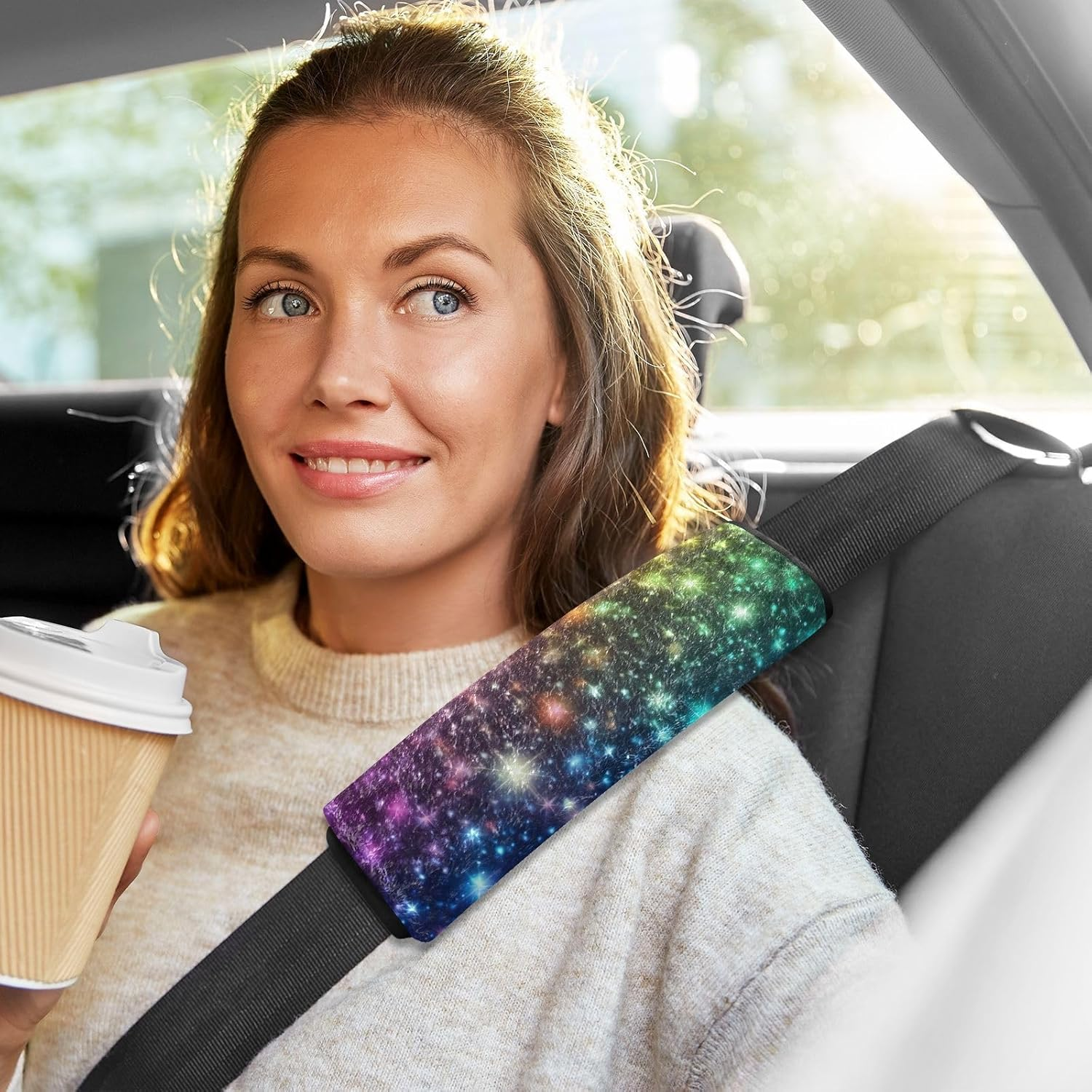 Rainbow Stars Glitter Seat Belt Covers in Soft Polyester Flannel, Adjustable Car Seat Belt Cover, Kids Seatbelt Cushion image number 4