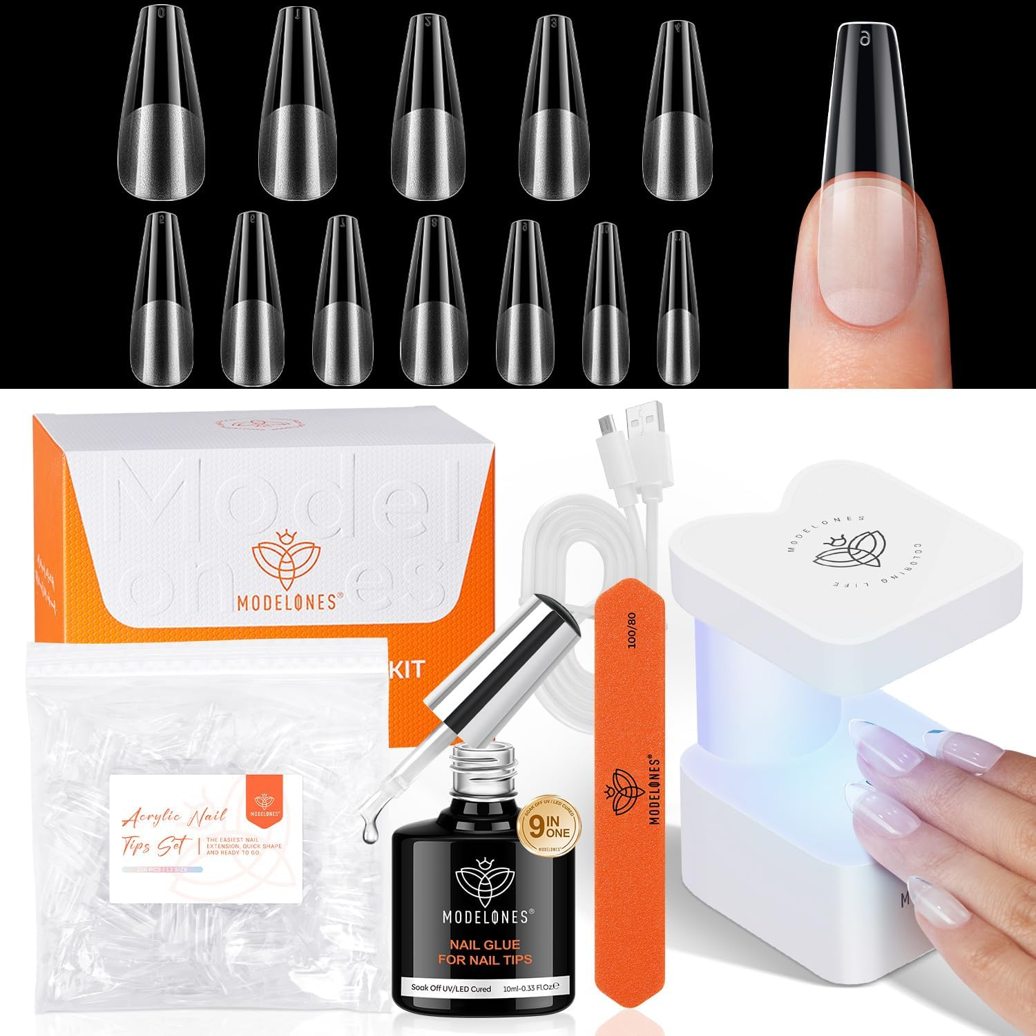 Modelones Gel X Nail Kit, Medium Almond Gel X Nail Tips, 9-In-One Nail Glue & Portable U V Nail Lamp, 216Pcs 12Sizes Press on Acrylic False Nails Tip Nails Art DIY Nail Extension for Women