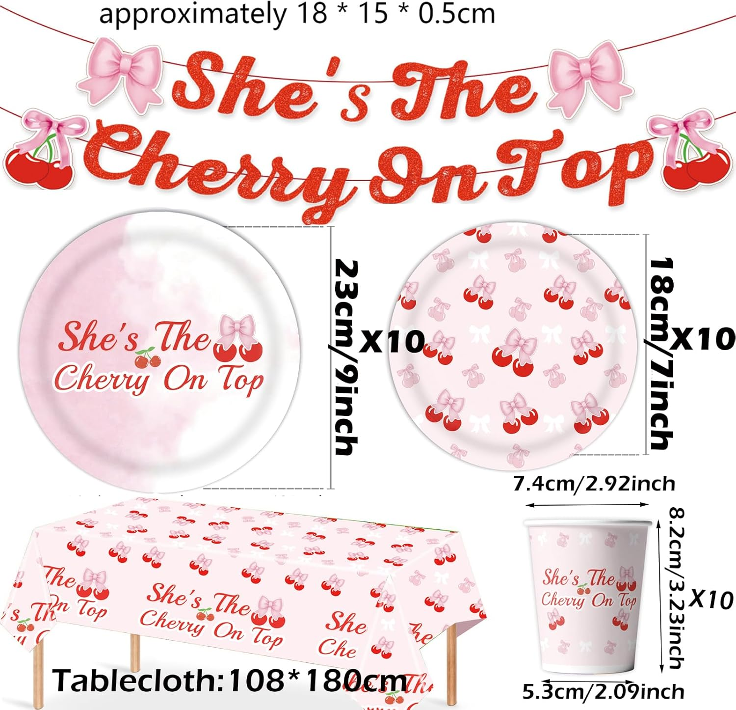 62PCS Cherry Tableware Plates Romance Red Cherry Banner Tableware Set Valentine'S Day Party Decorations Theme Dinner Disposable Paper Plates Napkins Cups Tablecloth Party Table Marry Memorial Decor image number 3