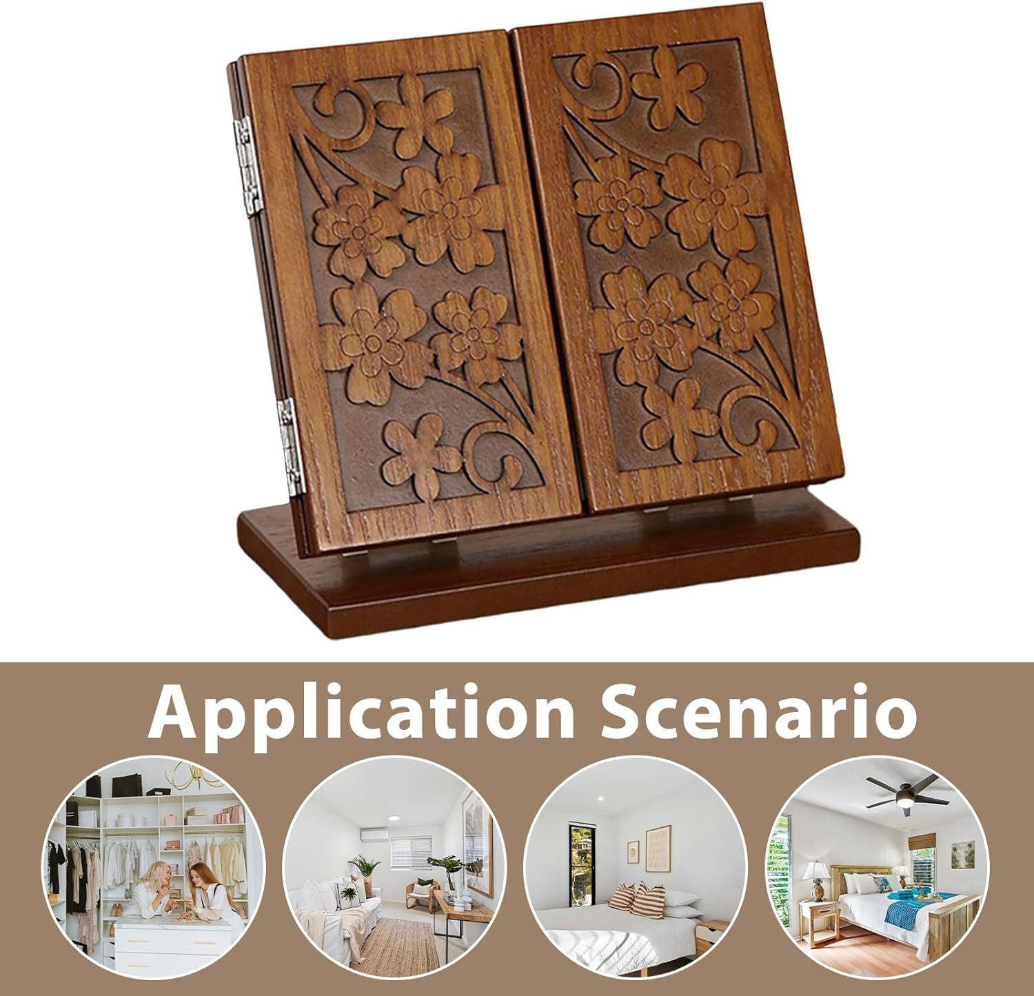 OKUMEYR Wooden Foldable Three-Sided Desktop Makeup Mirror with Clover Carving, Vintage Style Cosmetic Mirror for Indoor Vanity and Girl Makeup Tool, Cherry Wood Color image number 6