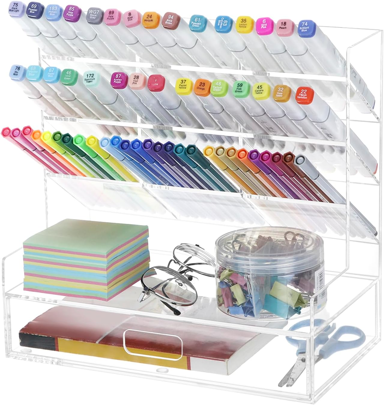 QWORK Acrylic Desk Organizers and Accessories &ndash; Multi-Compartment Storage with Drawer for Office, School, and Home, Clear Pencil Organizer and Pen Holder