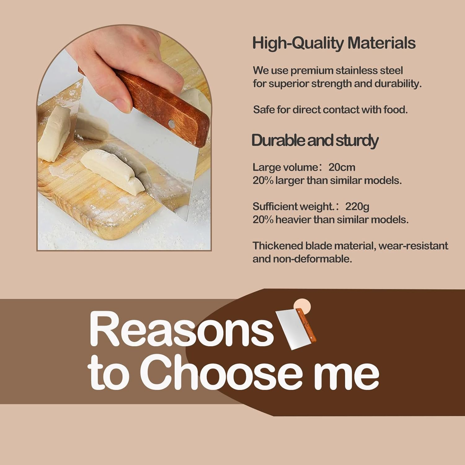 Midgreyeye Premium Bench Scraper Dough Cutter Large with Wooden Handle Dough Scraper Dough Card Dough Spatula Scraper Kitchen for Cake, Cake, Pizza, Cake, Dough, Baking Utensils (20 X 13 Cm) image number 6