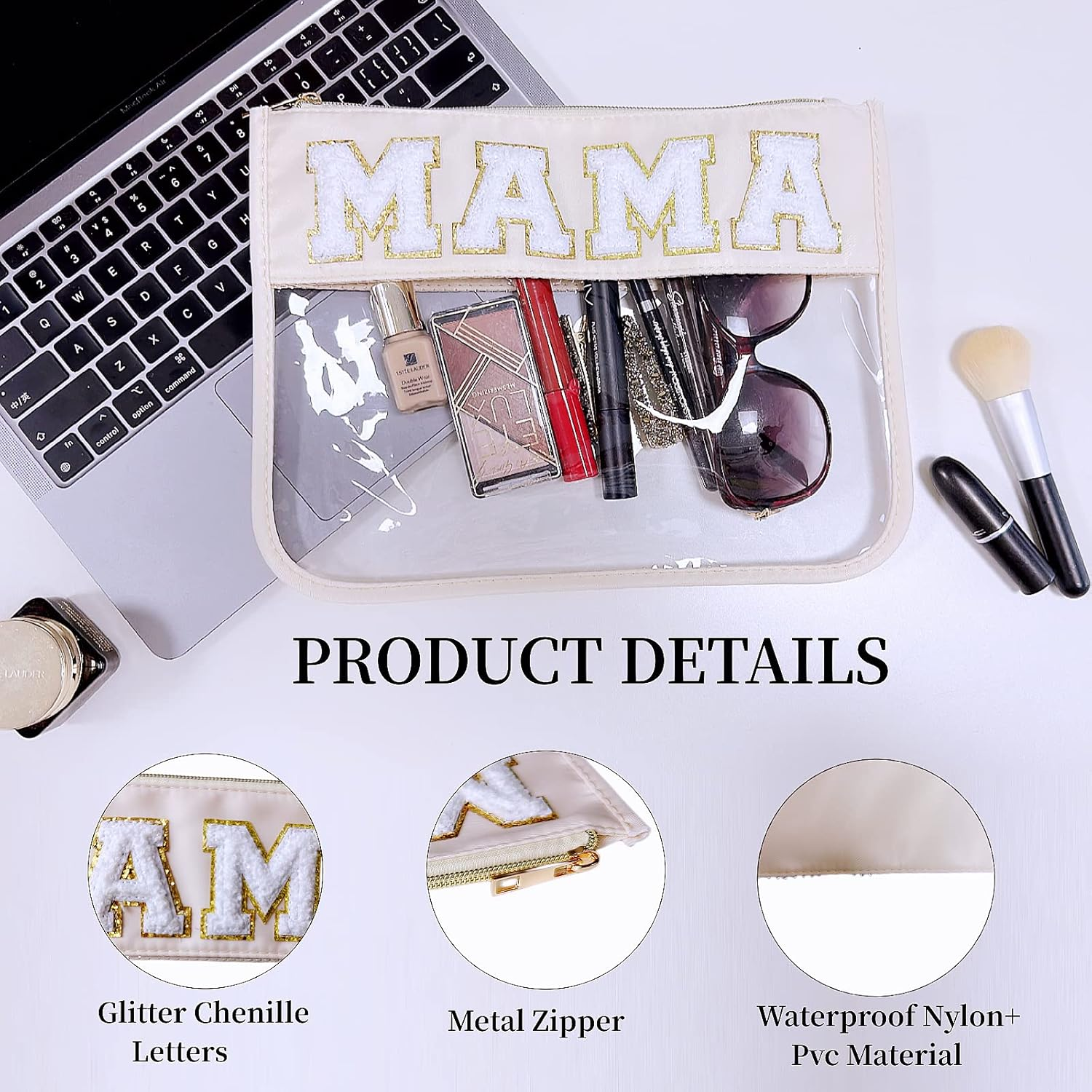 Clear Makeup Letter Bag, Chenille Patch Cosmetic Toiletry Pouch, Stadium Preppy Bags for Women Girls, Beige-Mama