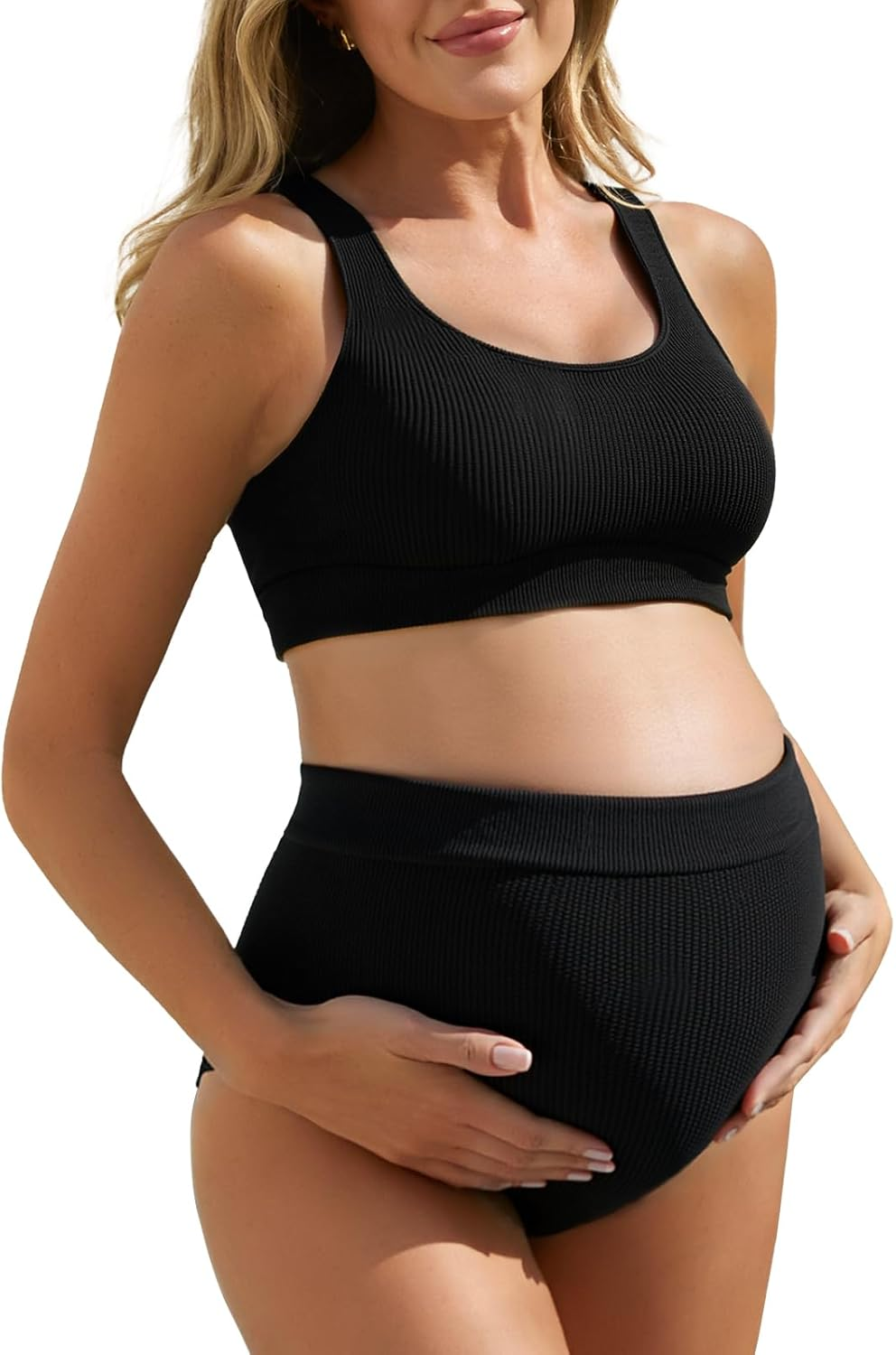 Summer Mae Ribbed Maternity Bikini Swimsuit High Waisted Two Piece Bathing Suit Pregnancy Swimwear One Size Fits S-XL image number 1