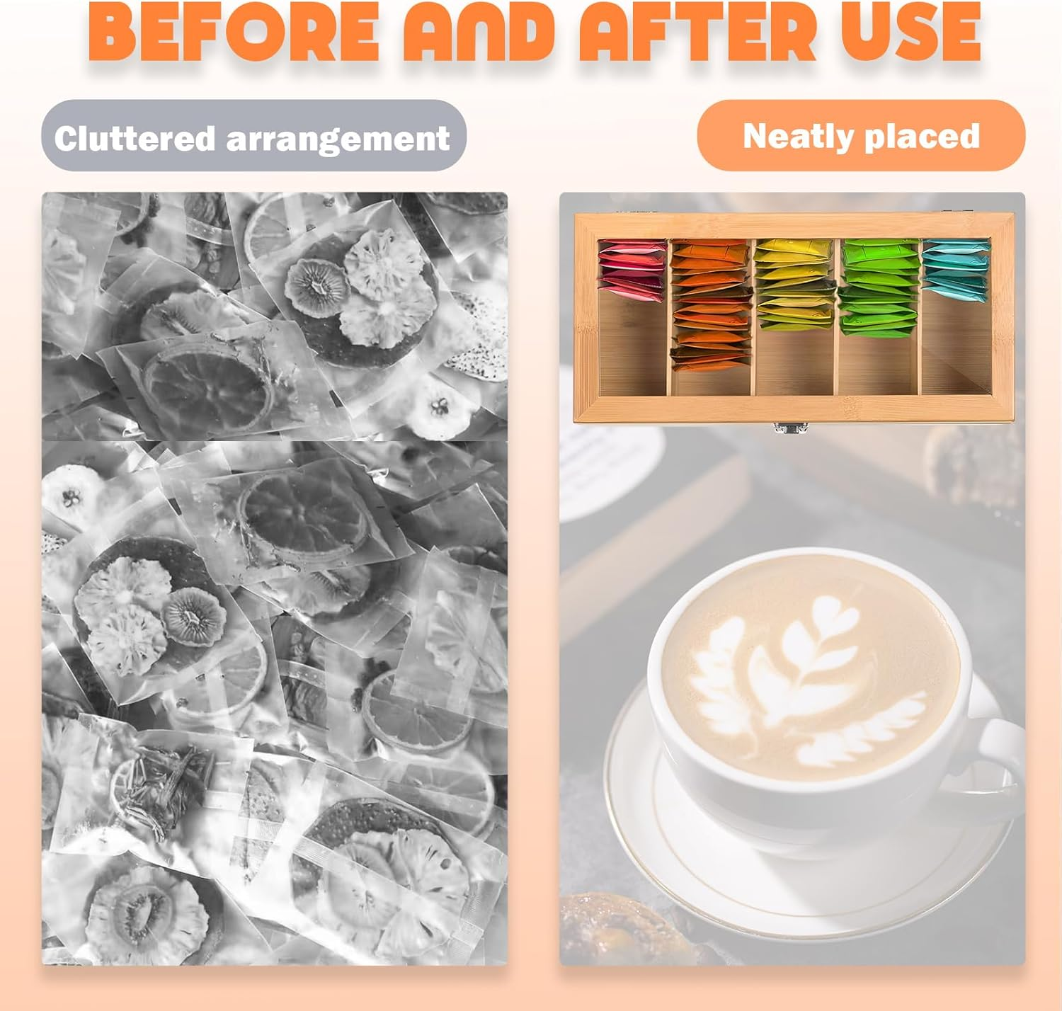 Bamboo Tea Bag Organizer Storage Box 5 Compartments Tea Box Storage Organiser Wooden Teabox with Clear Lid Portable Teabag Holder for Home Countertops Office Collections Sugar Packets image number 1