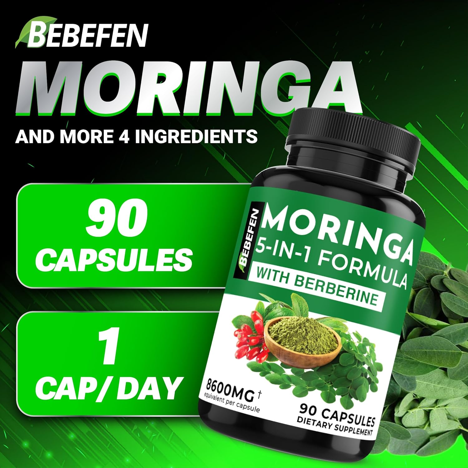 Moringa Capsules with Berberine | Turmeric | Ashwagandha | and Spirulina - 5In1 Moringa Supplement - Equivalent 8600Mg per Capsule - 90 Capsules for 3 Months Supply image number 4