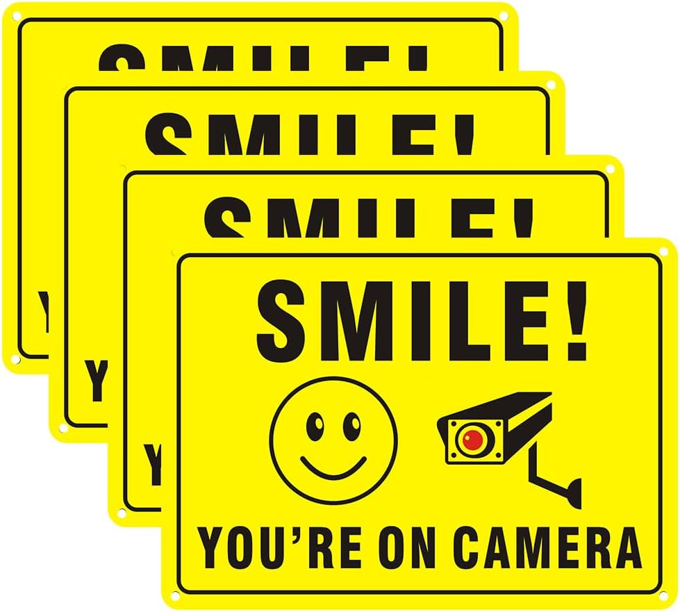 4-Pack Smile You&rsquo;Re on Camera Video Surveillance Sign, 25X18Cm UV Printed Rust Free Aluminum for Home Security Business, Driveway Alert image number 6