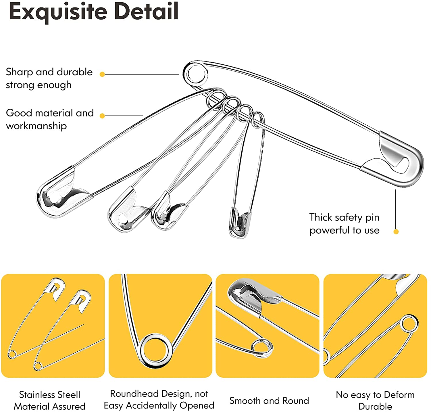 Huhuhero 340 Pack Safety Pins Assorted, Small and Large Safety Pins for Clothes Costume, 5 Different Sizes Nickel Plated Steel Pin Bulk, Sewing Crafts Art Supplies, Silver image number 1