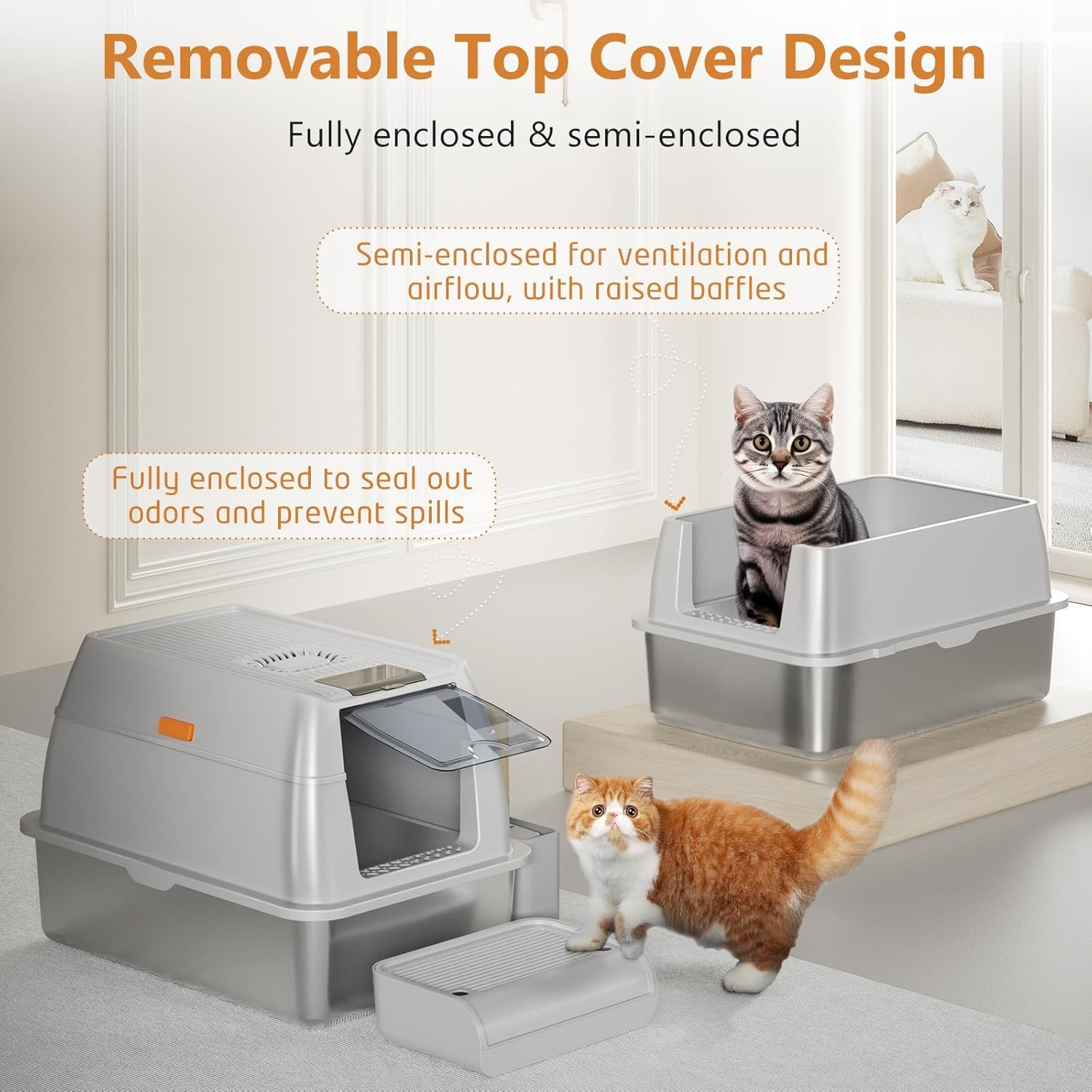 SIMTWO Stainless Steel Litter Box with Lid 60X40X40Cm, XXL Cat Litter Box for Big Cats, Enclosed Removable Metal Litter Box with High Sided Enclosure & Scoop image number 4