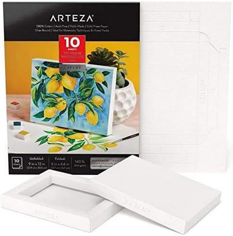 ARTEZA Watercolor Art Paper Foldable Canvas Pad, Folded Size 5X6.6 Inches, 10 Sheets, DIY Frame, Canvas Pad, 140 Lb, 300 GSM, Acid-Free, Cotton Pulp, for Painting & Mixed Media Art