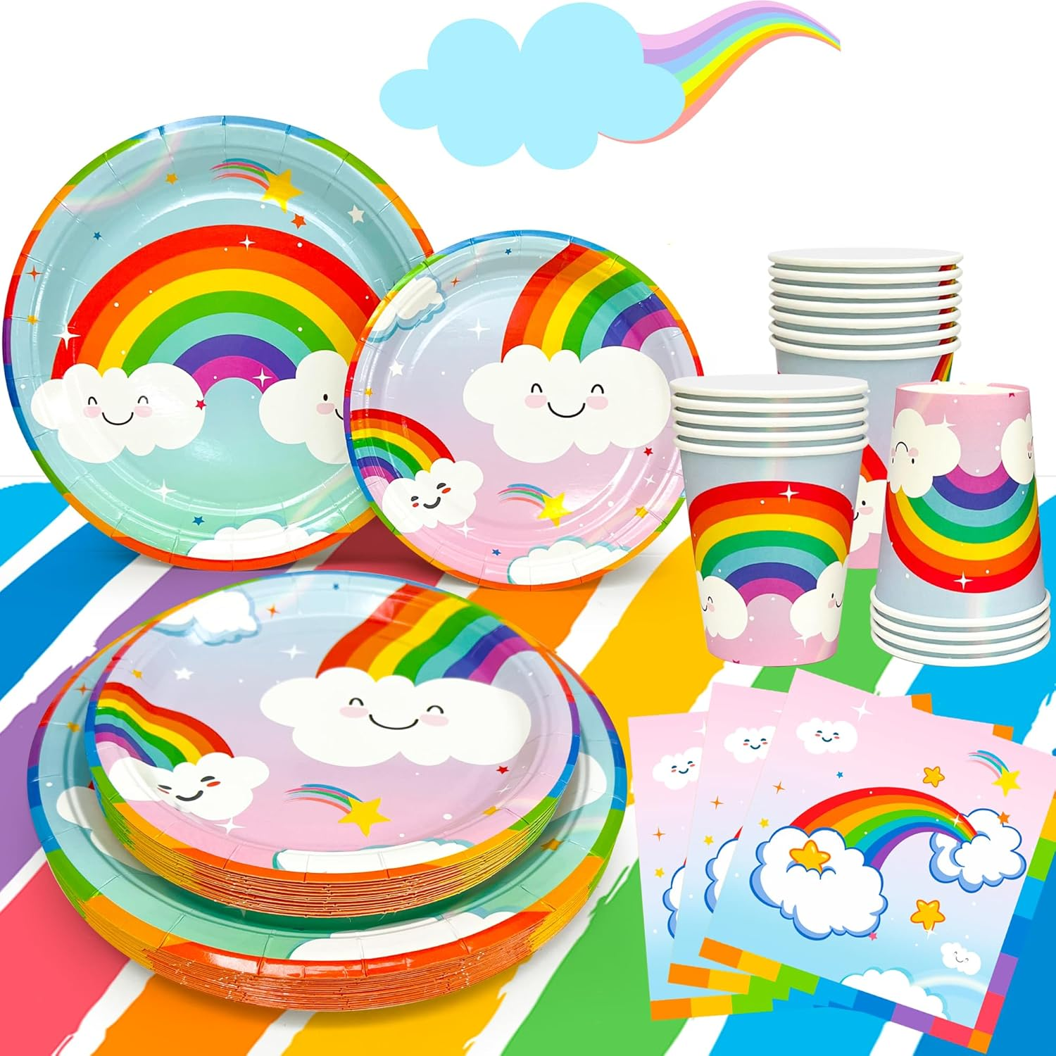 Rainbow Party Supplies, 81Pcs Rainbow Birthday Decorations Tableware Set Party Plates Cups Napkins Tablecloth Etc Birthday Party Supplies for Girls Themed Party&Baby Shower image number 1