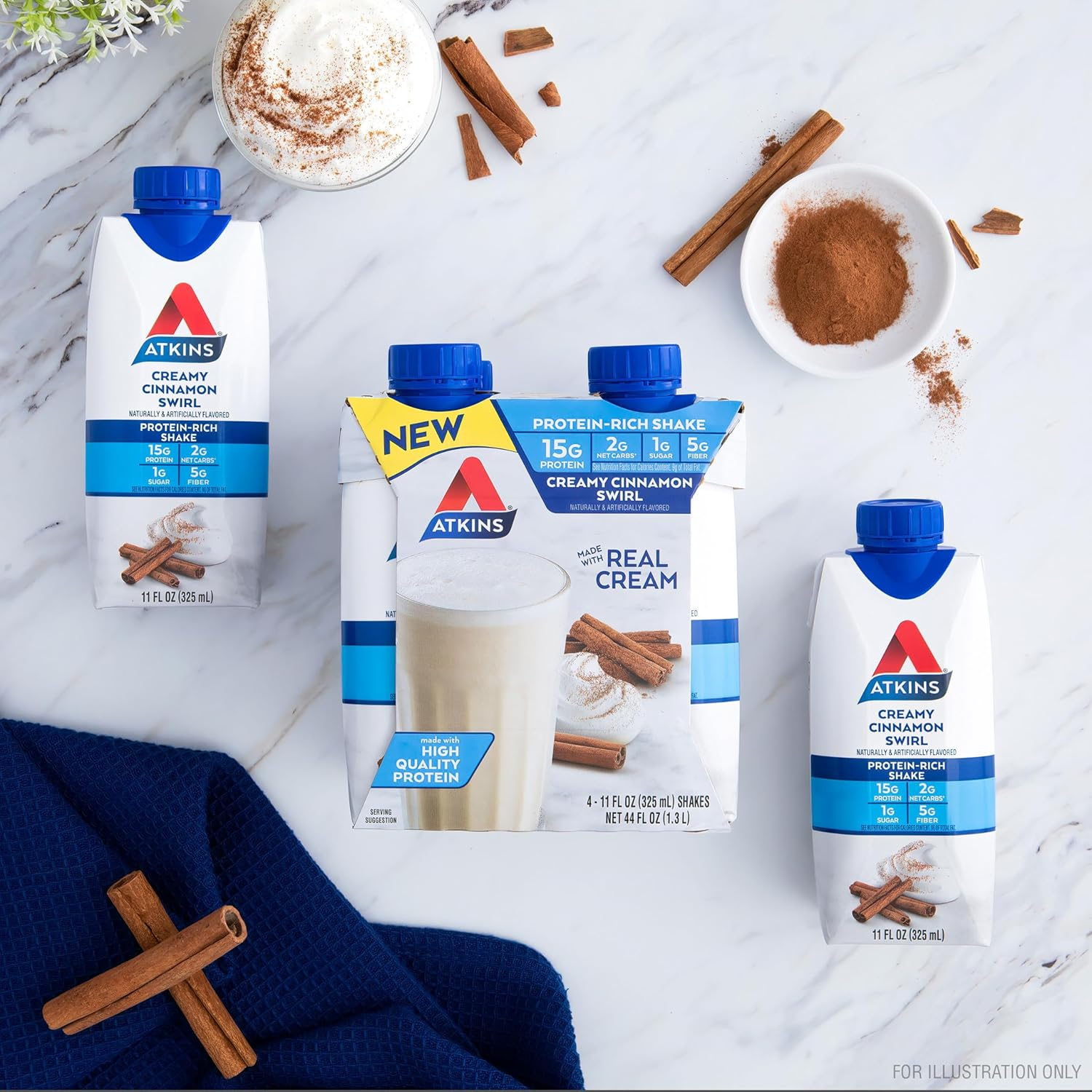 Atkins Protein Rich Shake, Creamy Cinnamon Swirl, High Protein, Low Glycemic, Gluten Free, 12 Count (3 Packs Each with 4 Shakes)
