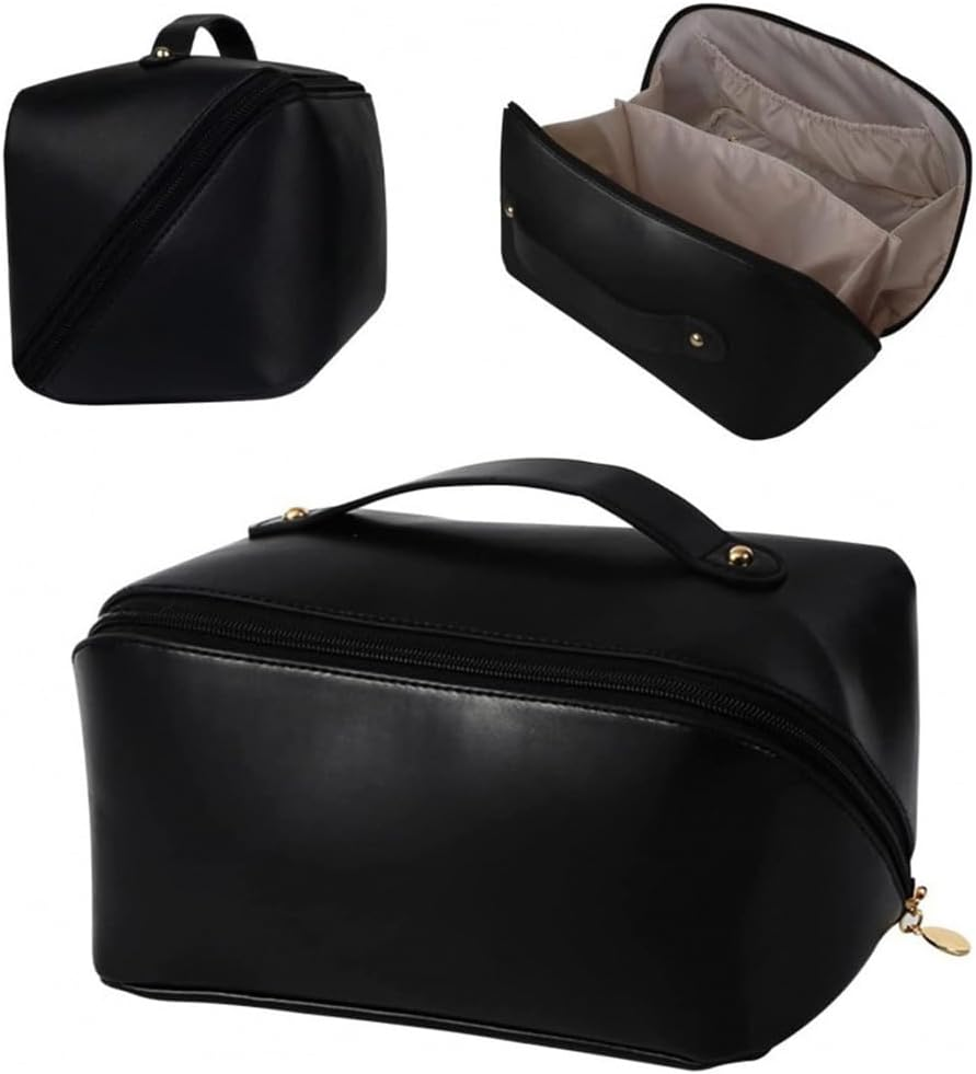 Cosmetic Bag, Large Capacity PU Waterproof Storage Makeup Bag,Open Flat Toiletry Bag Makeup Organizer,Women Portable Travel Makeup Bag with Handle Skin Care Cosmetics Toiletries