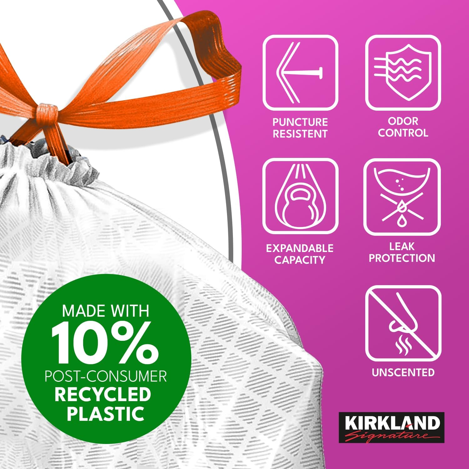 BD Kirkland Signature Drawstring White Kitchen Trash Bags, 13 Gallon, 200 Count image number 2