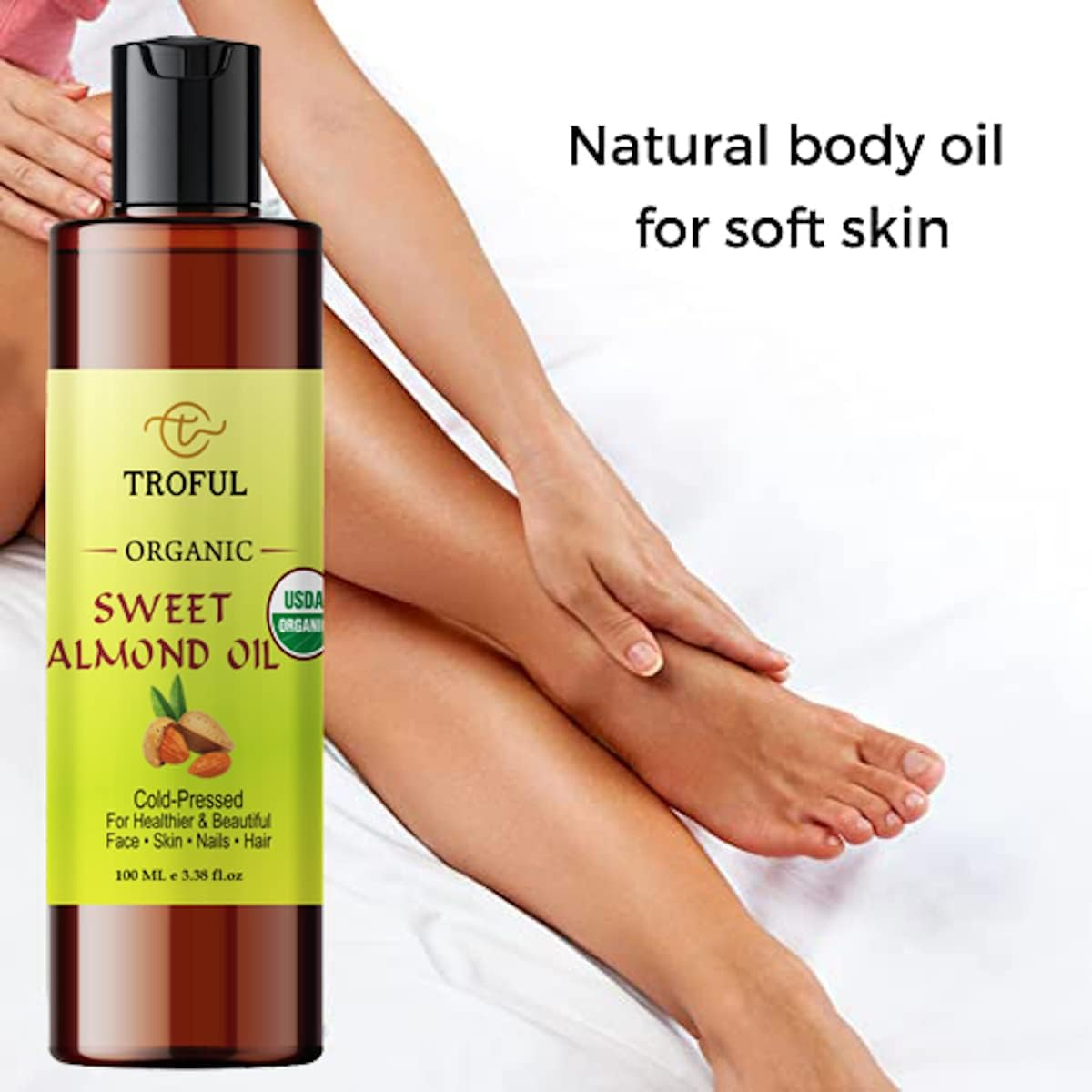 Troful Organic Sweet Almond Oil for Hair Growth Skin, USDA Certified Pure Natural Cold Pressed Organic Almond Oil for Face Nails Body Scalp Massage Moisturizing Oil- 100 Ml image number 1