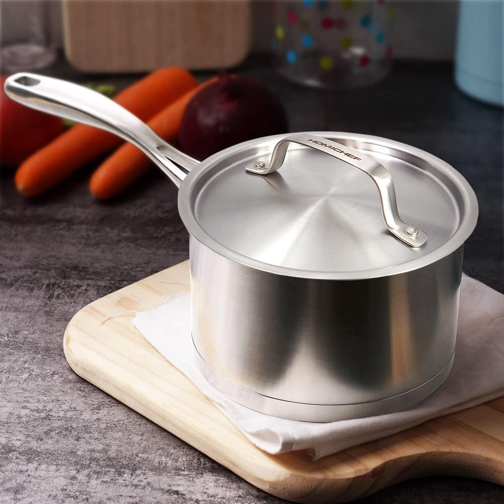 HOMICHEF Matte Polished Nickel Free Stainless Steel 1.75 Qt(Quart) Sauce Pan/Sauce Pot with Lid - Nickel Free Stainless Steel Sauce Pan 16Cm 1.6 Litre - Cookware Pots and Pans Sets