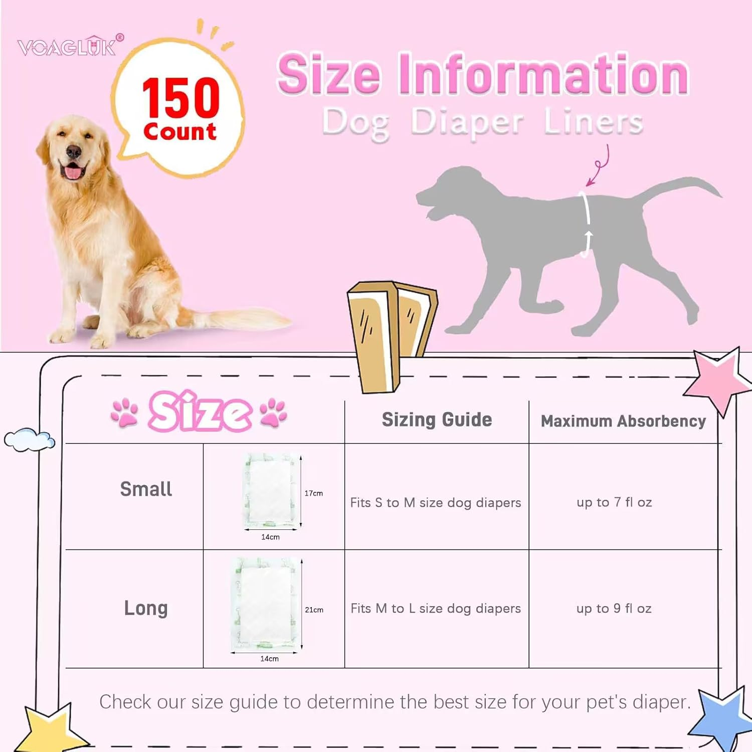 Dog Diaper Liners for Male and Female Dogs, 150Ct, Super Absorbent Disposable Dog Diapers Booster Pads Fit Most Pet Belly Bands and Wraps (Long) image number 6